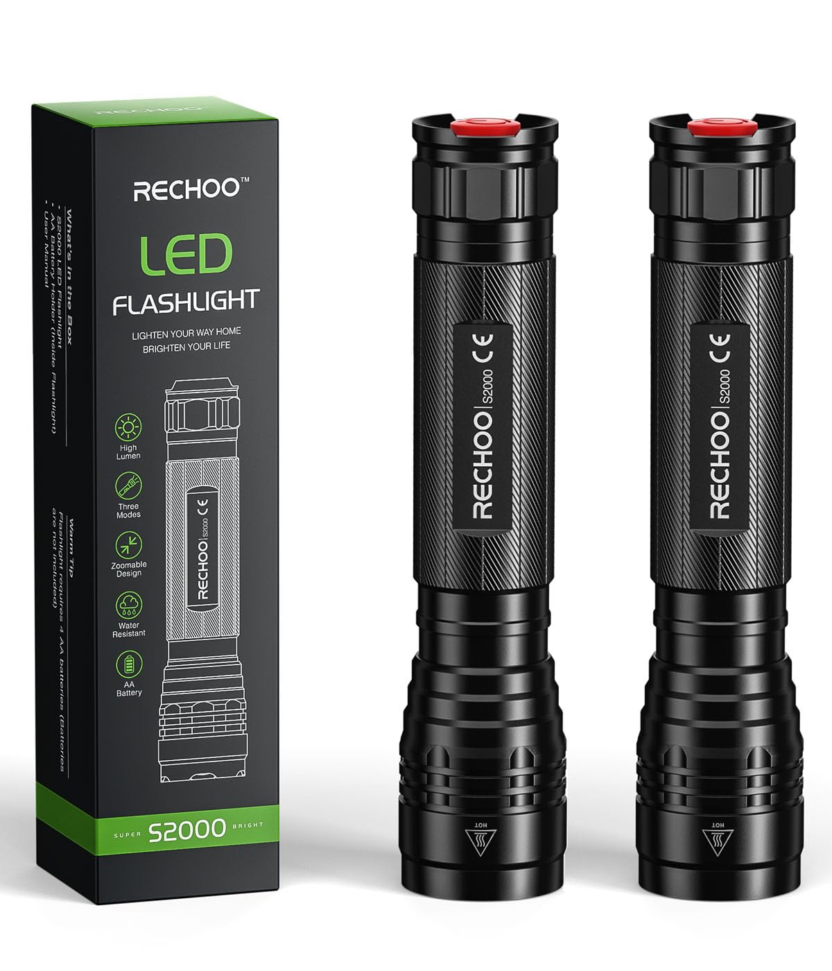 RECHOO High Lumens Flashlights 2 Pack - 2000 Lumens Super Bright LED Flashlight with 3 Modes, Zoomable & Water Resistant - Perfect for Home Use, Emergency Kits, Camping Gear, Hiking Equipment, Power Outages, and Outdoor Adventures