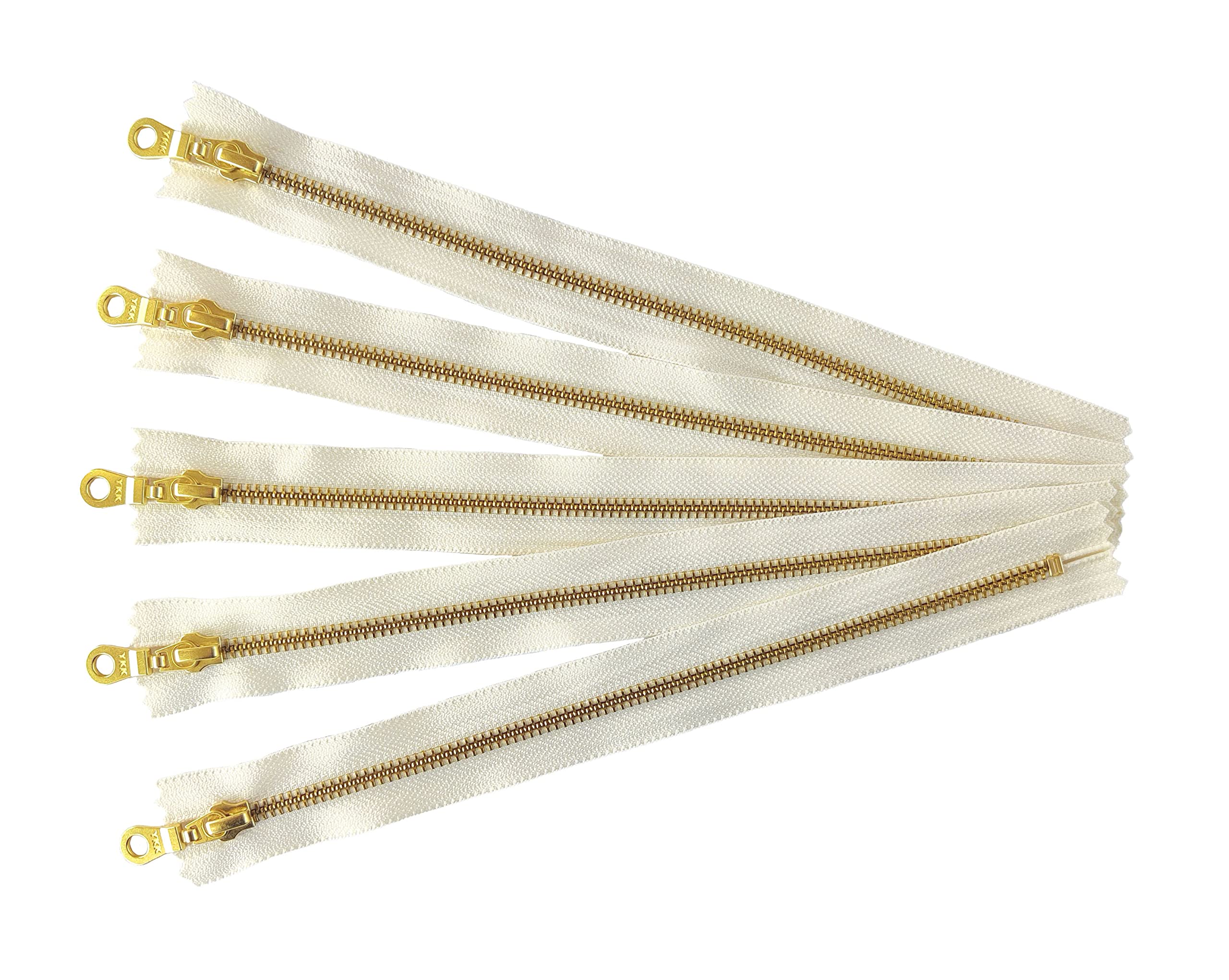 YKK Golden Brass Metal Zippers in Vanilla/Cream/Offwhite with Donut Pull - #5 Closed-End Zippers - 12 Inch (30cm) - Set of 5 for DIY Crafts, Handbags, Jackets & Garment Making - Premium Quality Fashion Accessories