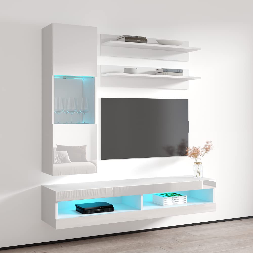 Modern White Wall-Mounted TV Stand with Storage Shelves & LED Lights - Floating Entertainment Center Console for Living Room & Bedroom - Perfect for Small Spaces & Home Theater Setups - Meble Furniture Fly H3 34
