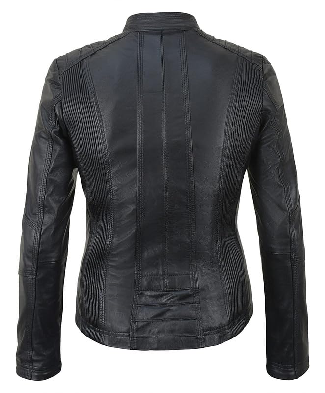 SpazeUp Women's Black Asymmetrical Genuine Leather Motorcycle Jacket - Stylish Cafe Racer Biker Jacket for Women | Perfect for Riding, Night Out & Street Fashion