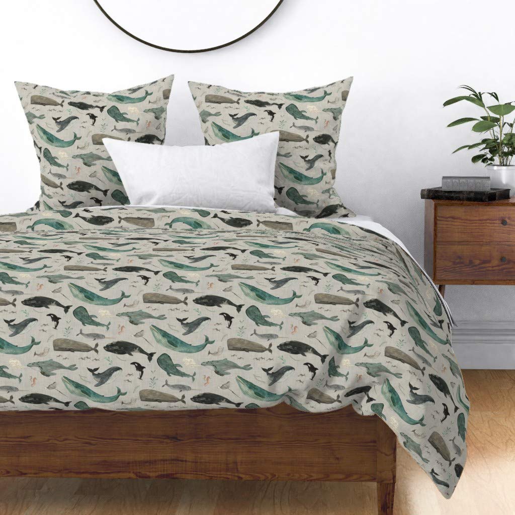 Whale Gray Watercolor Ocean Duvet Cover - Full/Queen Size Cotton Sateen Bedding with Nautical Sea Creatures Print | Gender Neutral Nursery & Coastal Home Decor