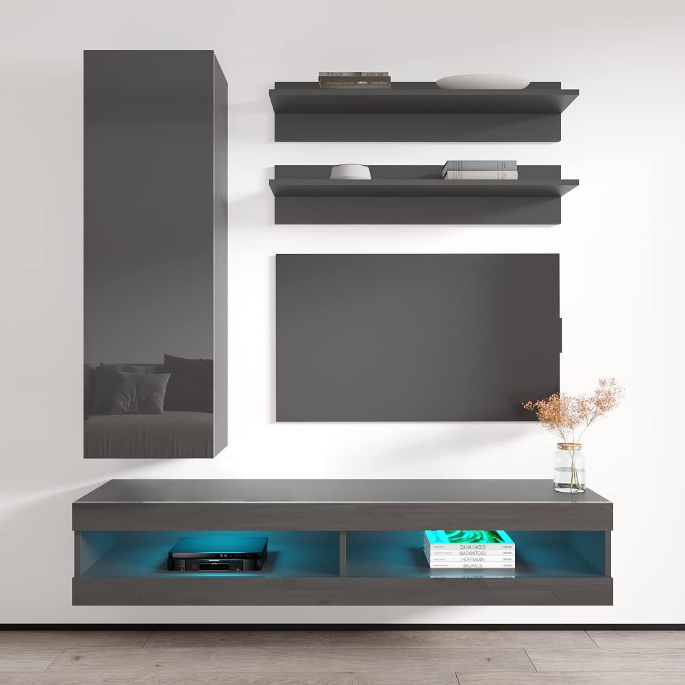 Modern Gray Floating TV Stand with Storage & LED Lights - Wall-Mounted Entertainment Center for 34
