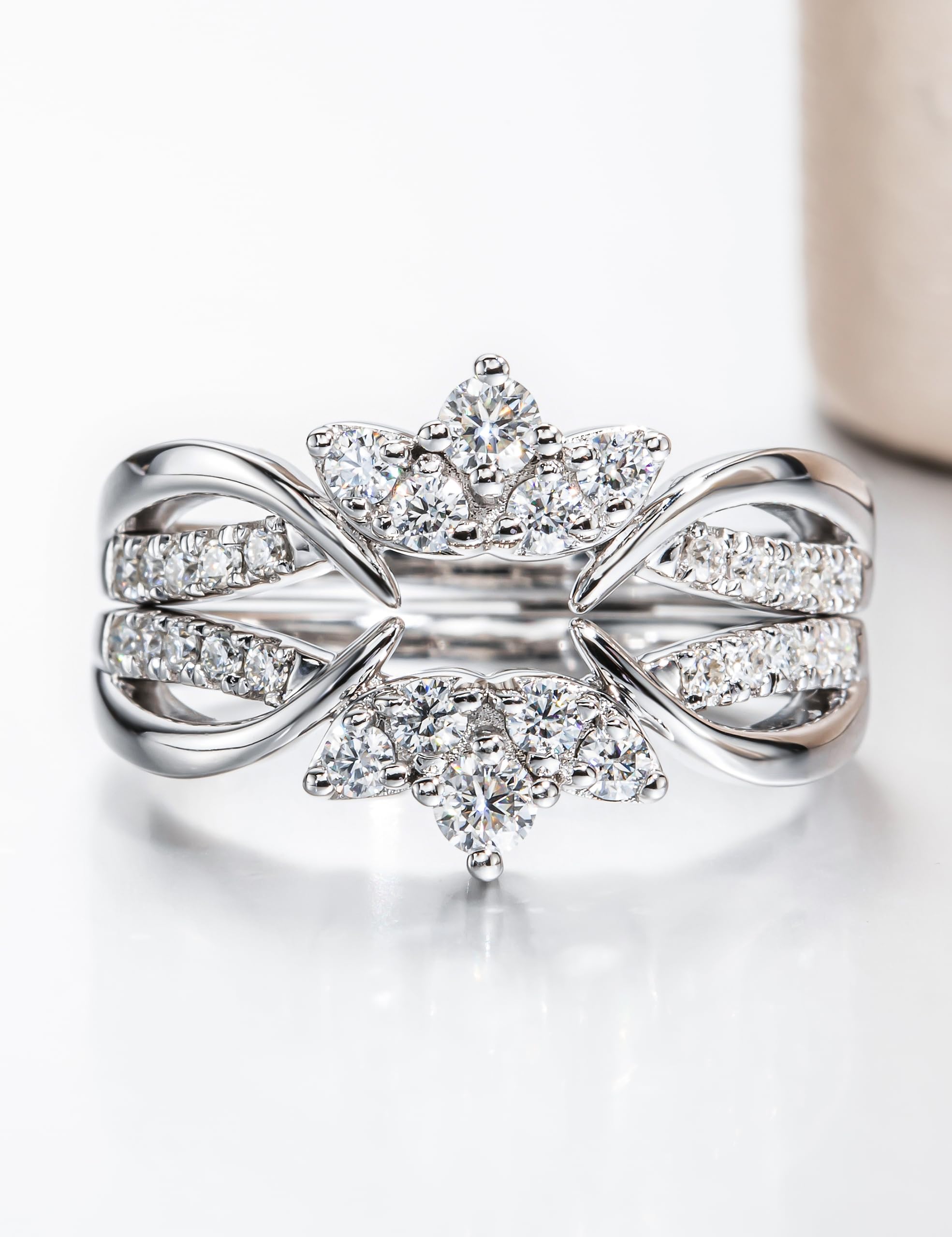Moissanite Ring Enhancer Set - 2 Pack Platinum Plated Silver Wrap Guard for Engagement & Anniversary Rings, Curved Eternity Wedding Band for Women | Perfect for Stacking Rings, Bridal Jewelry & Special Occasions