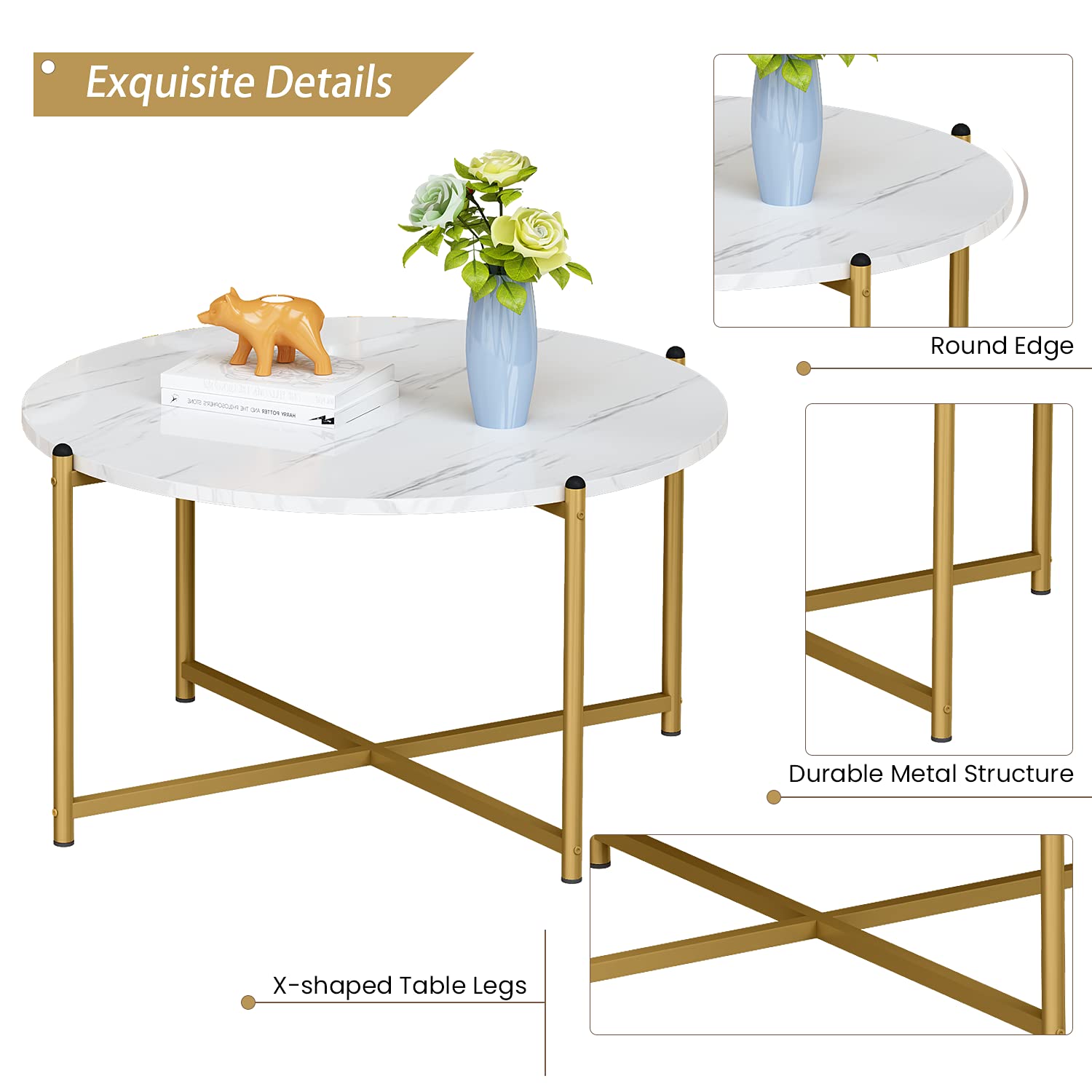DKLGG Faux Marble Coffee Table Set of 3 - Round Coffee Table & 2 End Tables with Sturdy Metal Frame, Modern Sofa Side Tables for Living Room, Apartment, Lounge | Perfect for Coffee, Books & Decor Display
