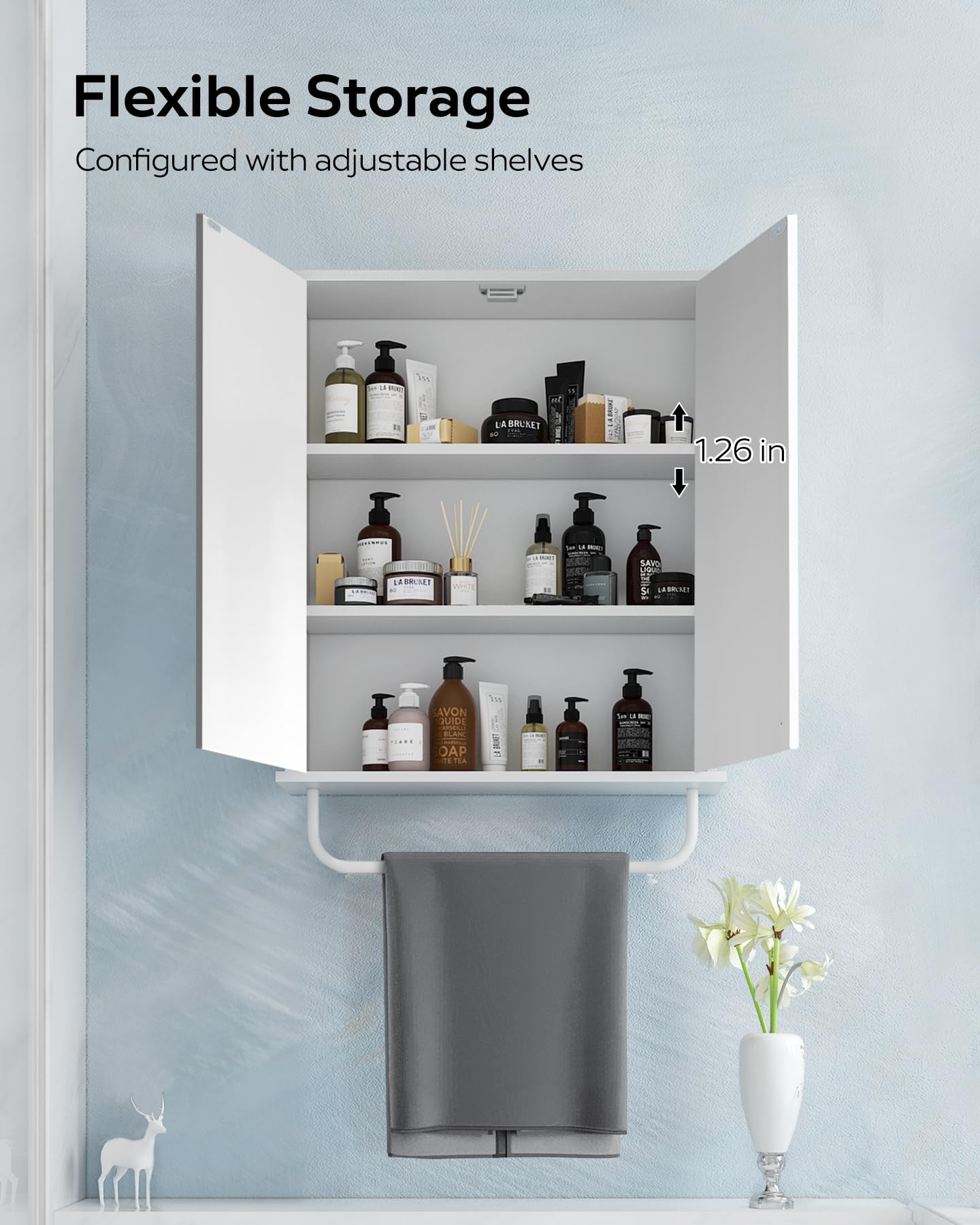 White Bathroom Wall Cabinet with Gold Decoration - Adjustable Shelves Medicine Storage Cabinet for Above Toilet Space Saving - Perfect for Bathroom Organization and Living Room Storage