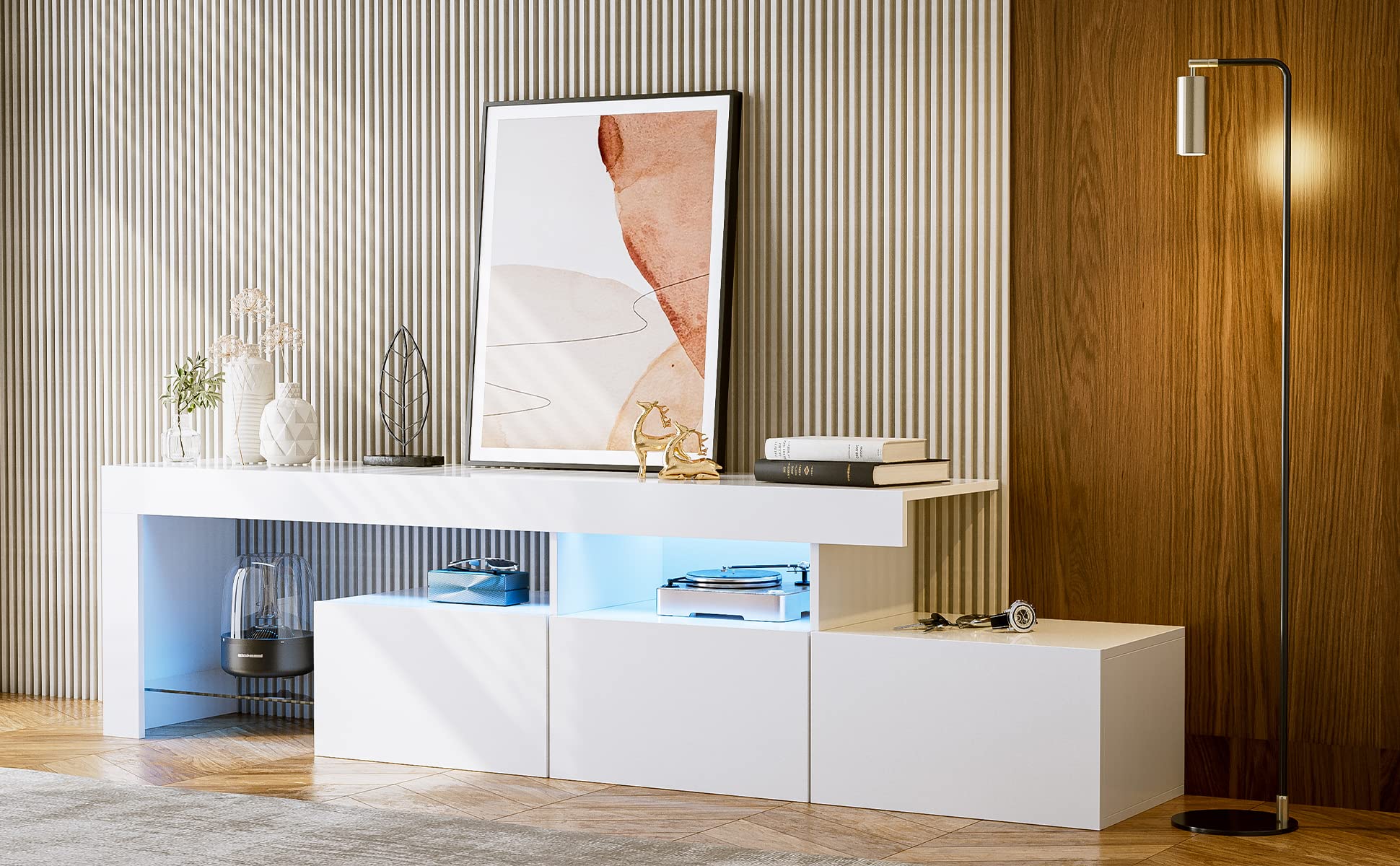 IKIFLY 75 Inch LED TV Stand with 3 Cabinets - High Glossy Modern Entertainment Center & Media Console for Living Room - White - Perfect for Home Theater & Living Room Organization