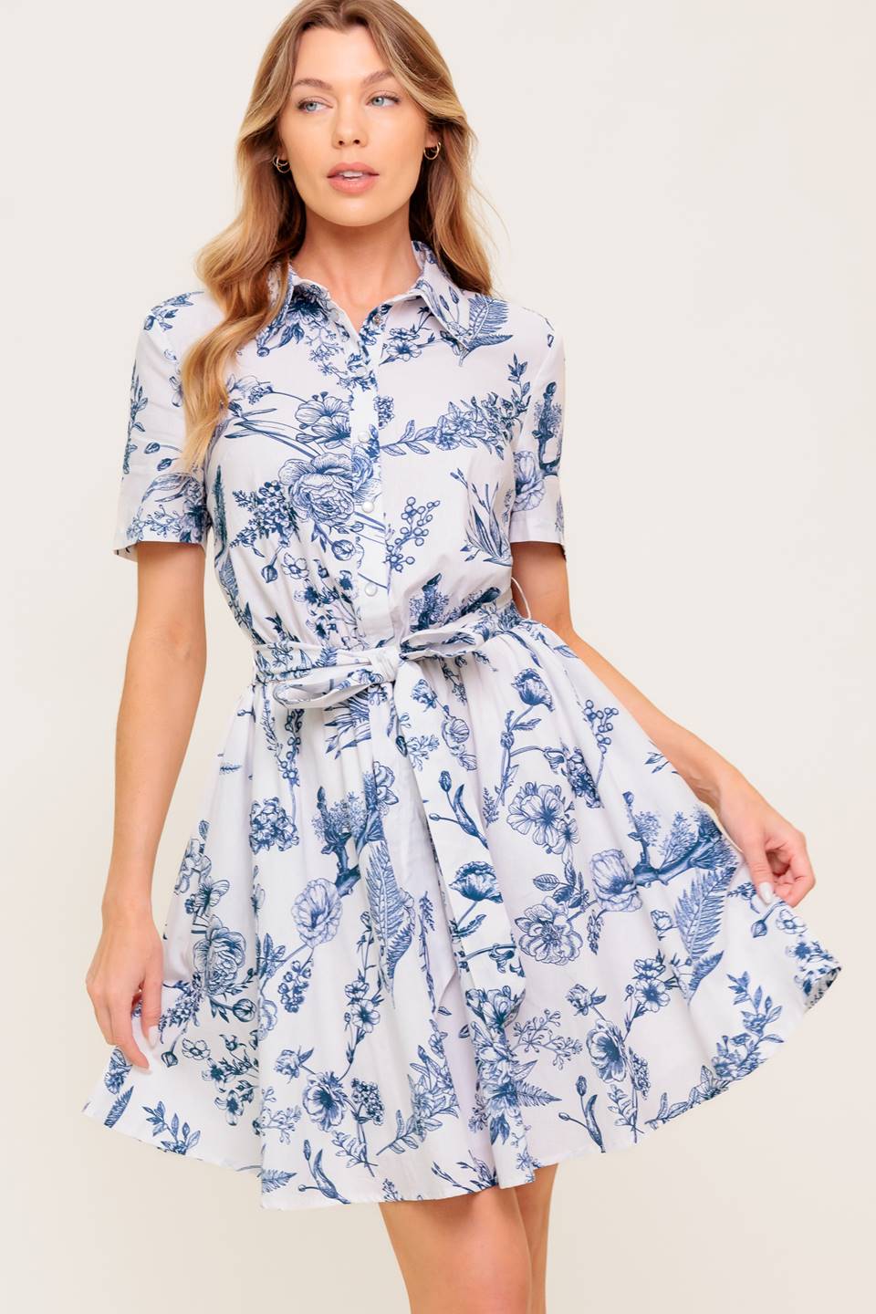 Blue Willow Charm Mini Shirt Dress - Stylish Floral Print Casual Summer Dress for Women | Perfect for Beach, Picnic, and Date Night Outfits