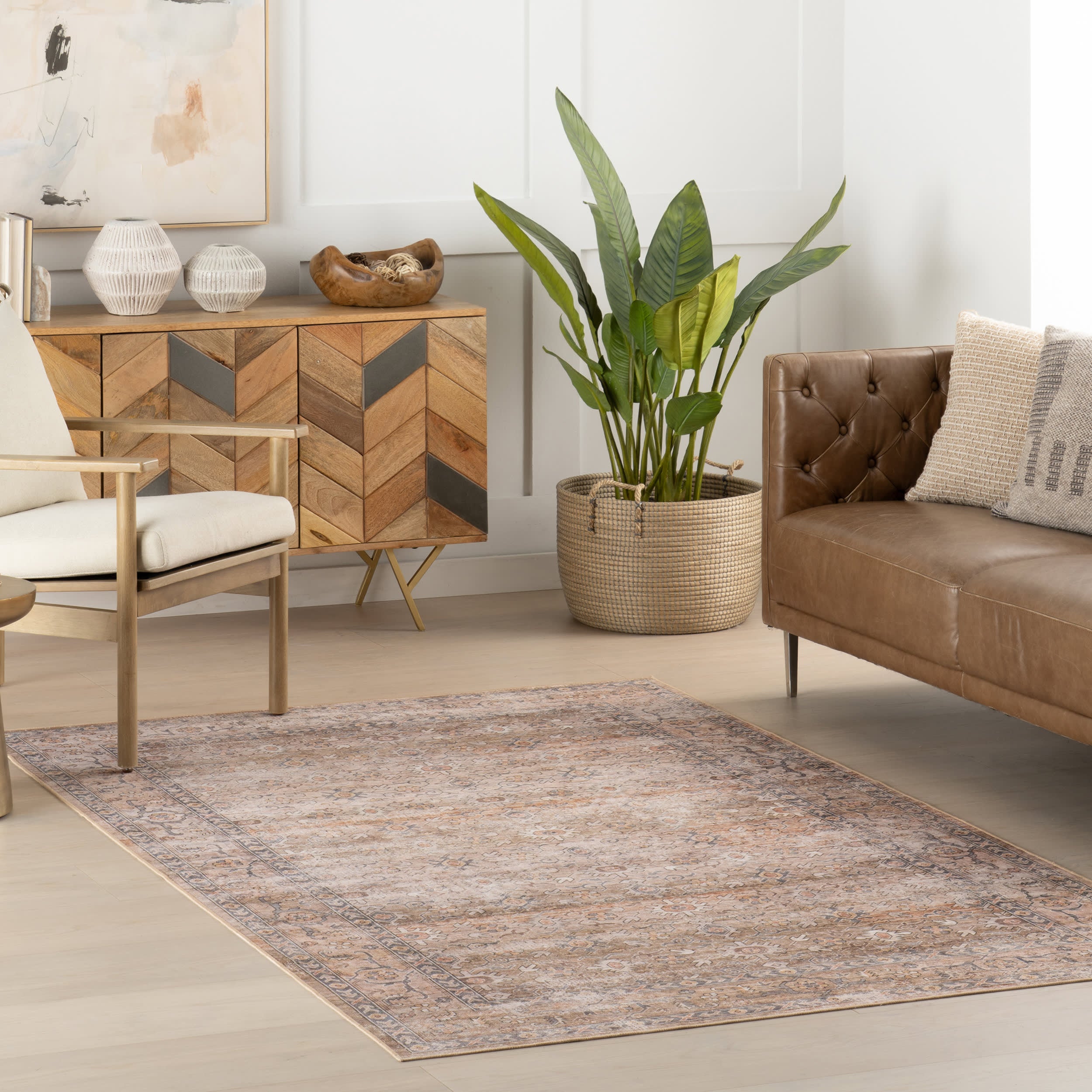 Vintage Myrtle Spill-Proof Washable Area Rug in Taupe - Perfect for Living Room, Bedroom & High-Traffic Areas