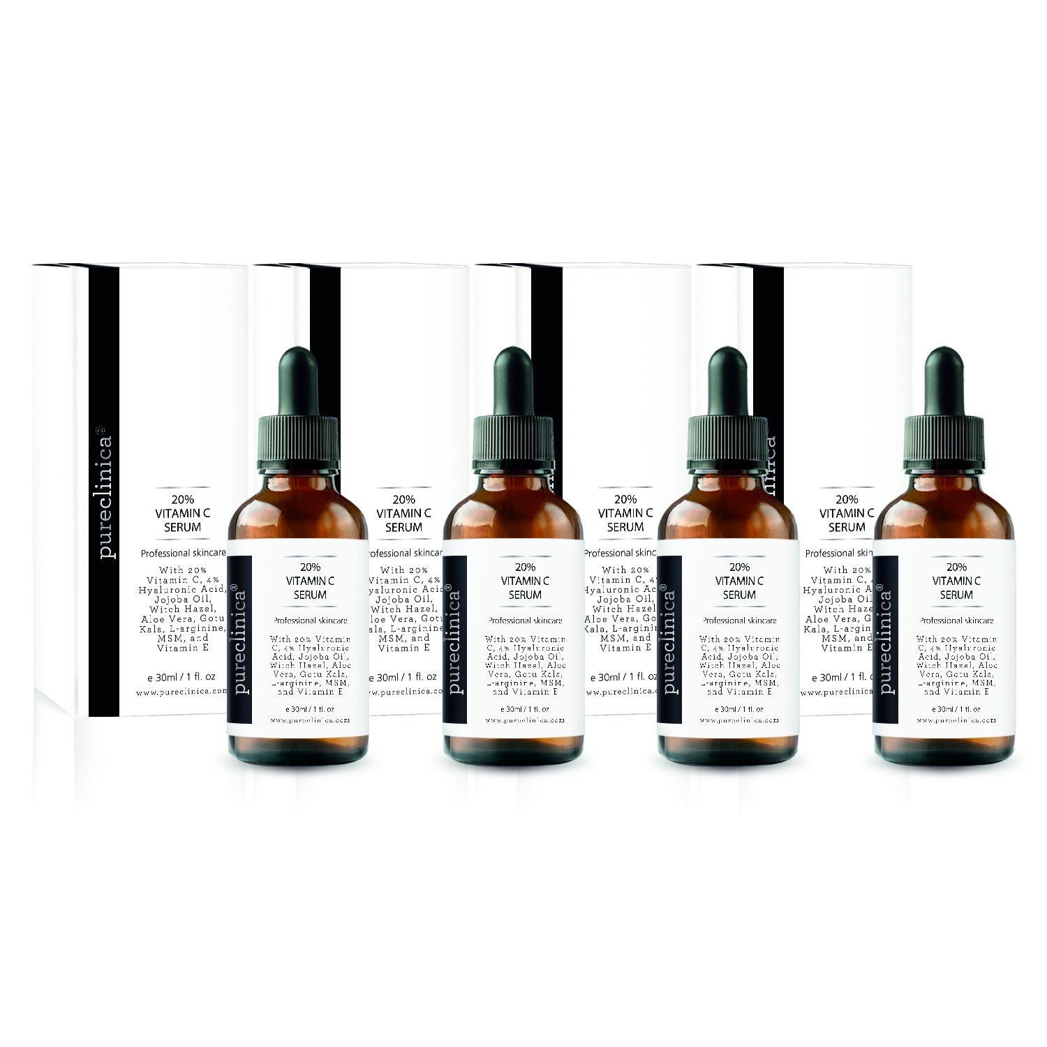 PureClinica 20% Vitamin C Serum with Hyaluronic Acid & Antioxidants - Brightening & Anti-Aging Face Serum (4 x 30ml) - For Dark Spots, Wrinkles & Glowing Skin - Day & Night Skincare Routine