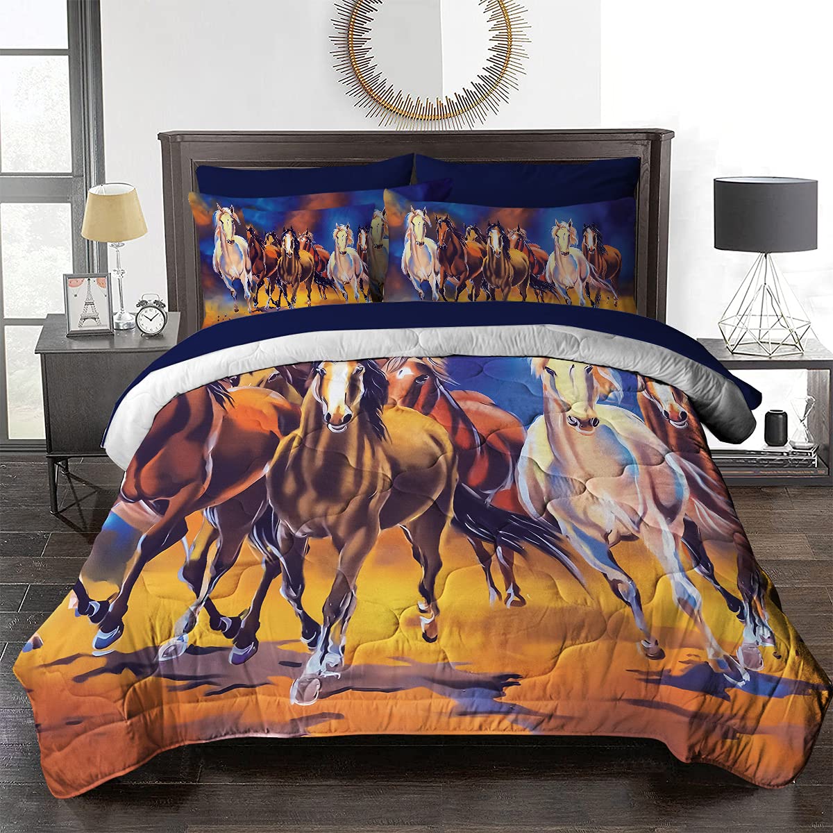 BlessLiving Western Cowboy Cowgirl Horse Print 8-Piece Queen Bedding Set - Comforter, 2 Shams, Flat Sheet, Fitted Sheet, Cushion Cover & 2 Pillowcases - Perfect for Ranch, Farmhouse or Western Themed Bedrooms