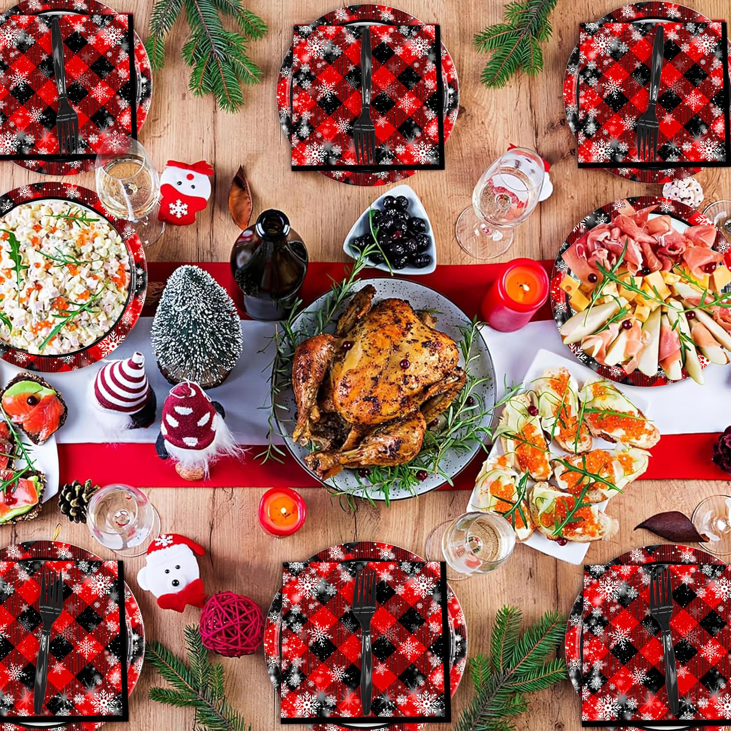 96 Pcs Buffalo Plaid Christmas Paper Plates & Napkins Set - Disposable Xmas Tableware with Plastic Forks for Holiday Parties, Dinner, Family Gatherings - Serves 24 Guests