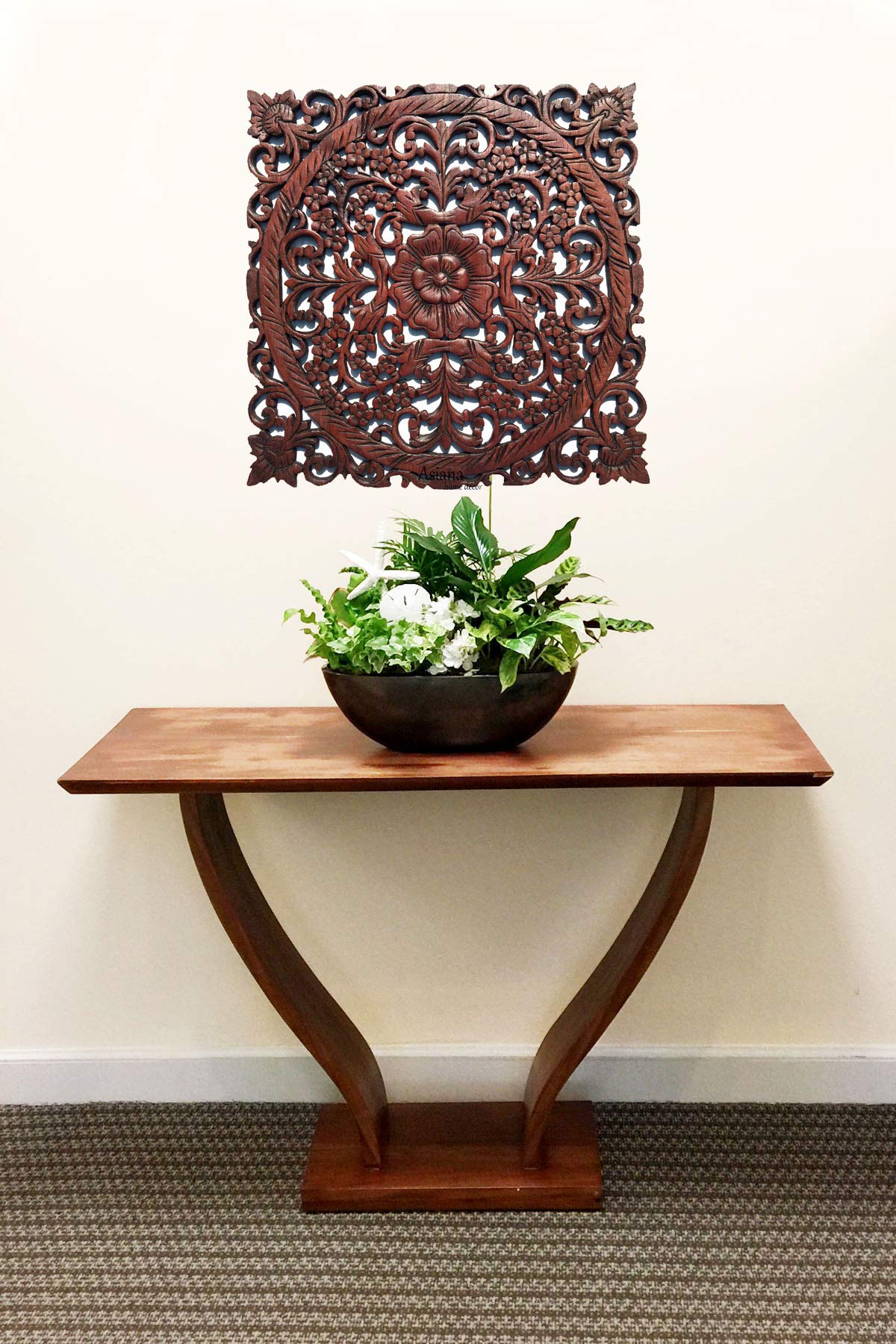 Oriental Carved Wood Wall Art - Floral Asian Home Decor for Living Room
