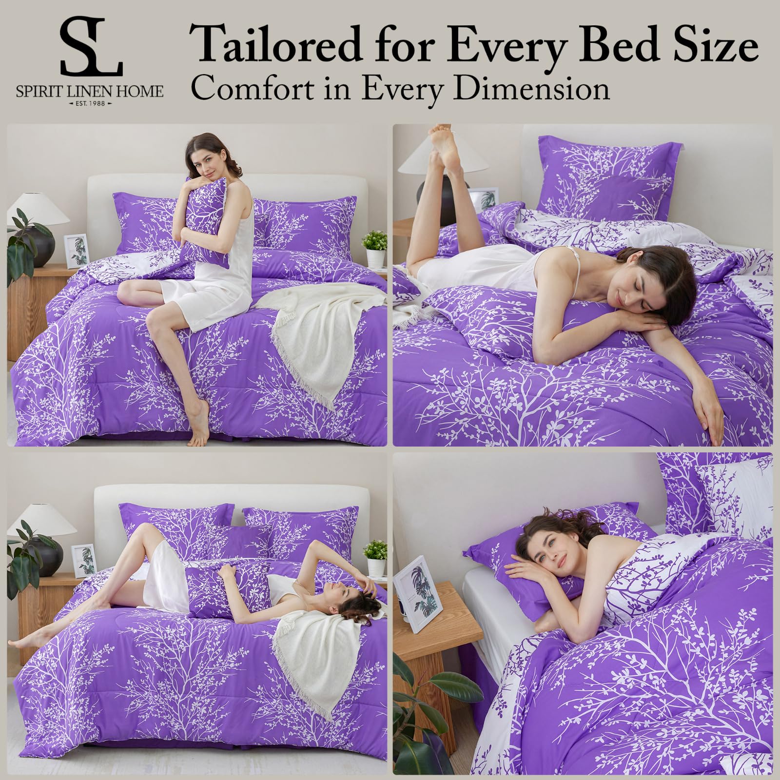 Spirit Linen 6-Piece Queen Comforter Set - Ultra Soft Microfiber Bedding with Elegant Foliage Design - Includes Comforter & Pillow Shams (Purple, Queen Size) - Perfect for Master Bedrooms, Guest Rooms & Cozy Winter Nights