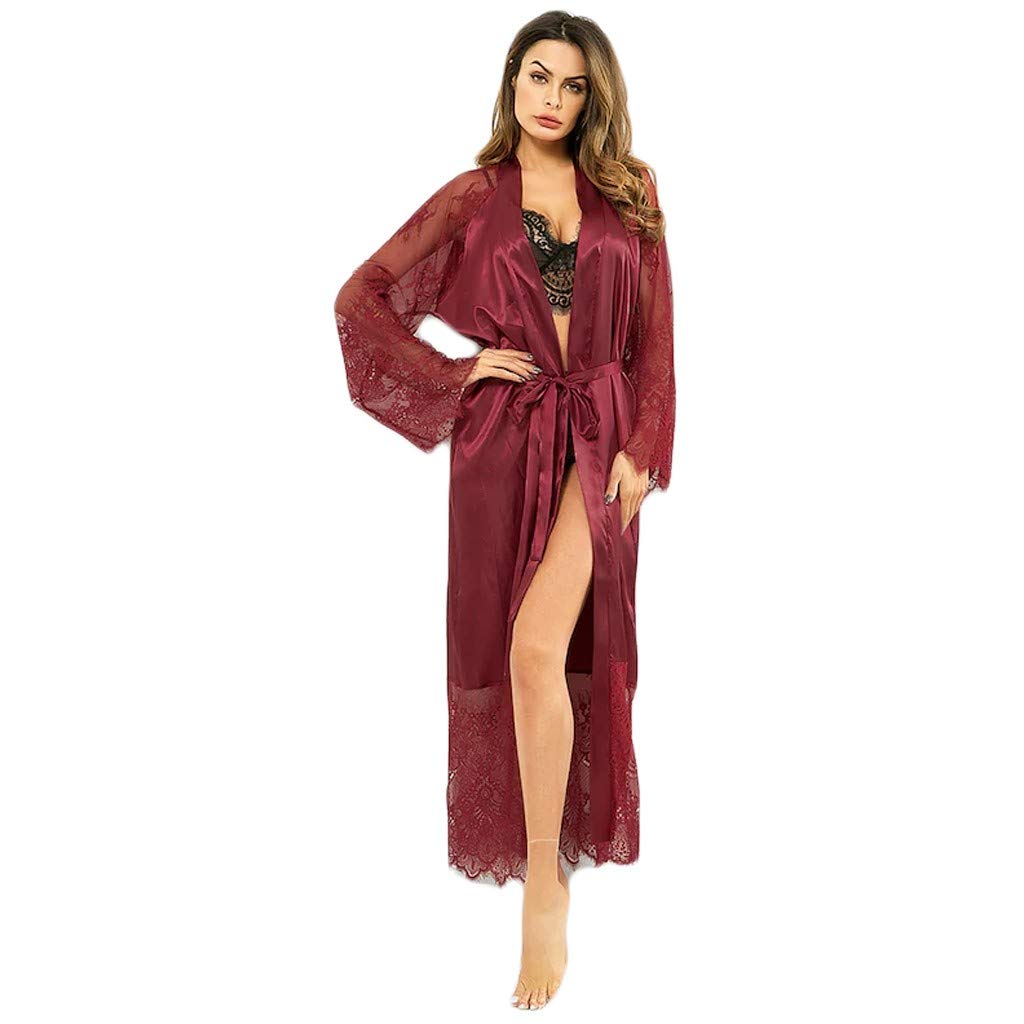 Jianglianga Women's Satin Pajama Set with Lace Trim - Soft Long Sleeve Sleepwear & Belted Robe Lounge Set for Nightwear, Loungewear - Perfect for Relaxing at Home, Spa Days and Cozy Evenings