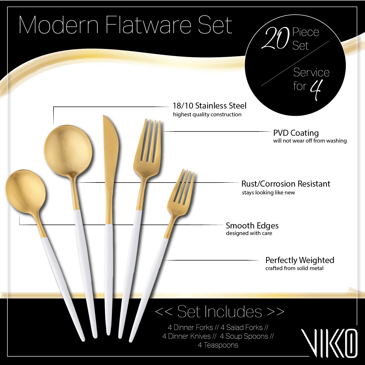 Vikko Decor Modern Flatware Set - Matte White & Gold 20-Piece Stainless Steel Silverware Set (18/10) for Upscale Dining - Long Handled Cutlery Service for 4 - Elegant Two-Tone Flatware for Weddings, Dinner Parties & Fine Dining