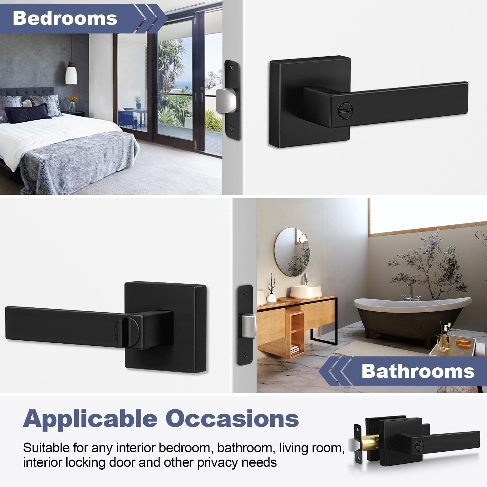 6 Pack Matte Black Door Handles - Keyless Square Privacy Levers for Bedroom & Bathroom - Heavy Duty Reversible Design