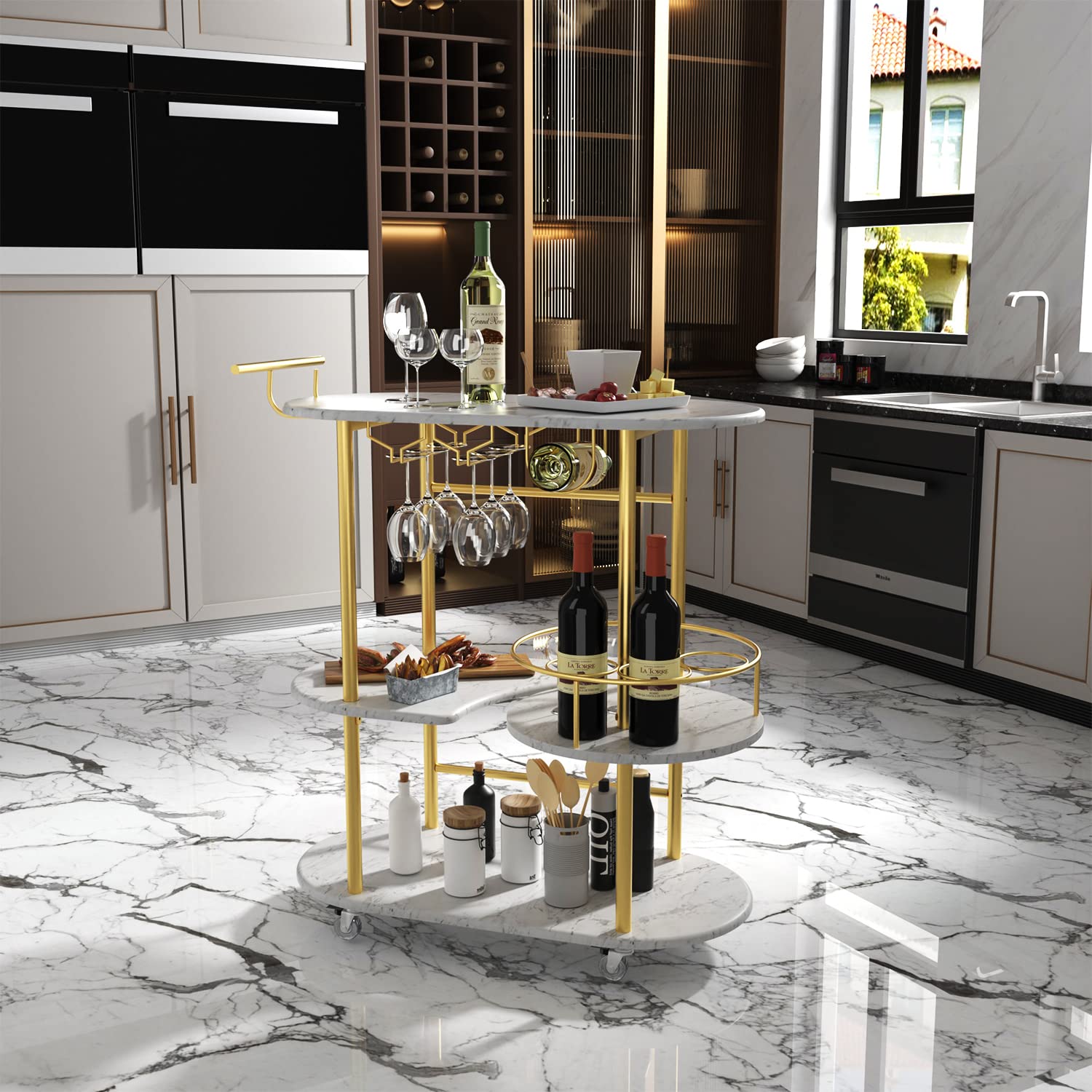 4-Tier Gold Bar Cart with Wine Rack & Glass Holder - Mobile Serving Cart for Kitchen, Living Room, Dining Room - Perfect for Home Entertaining & Party Hosting