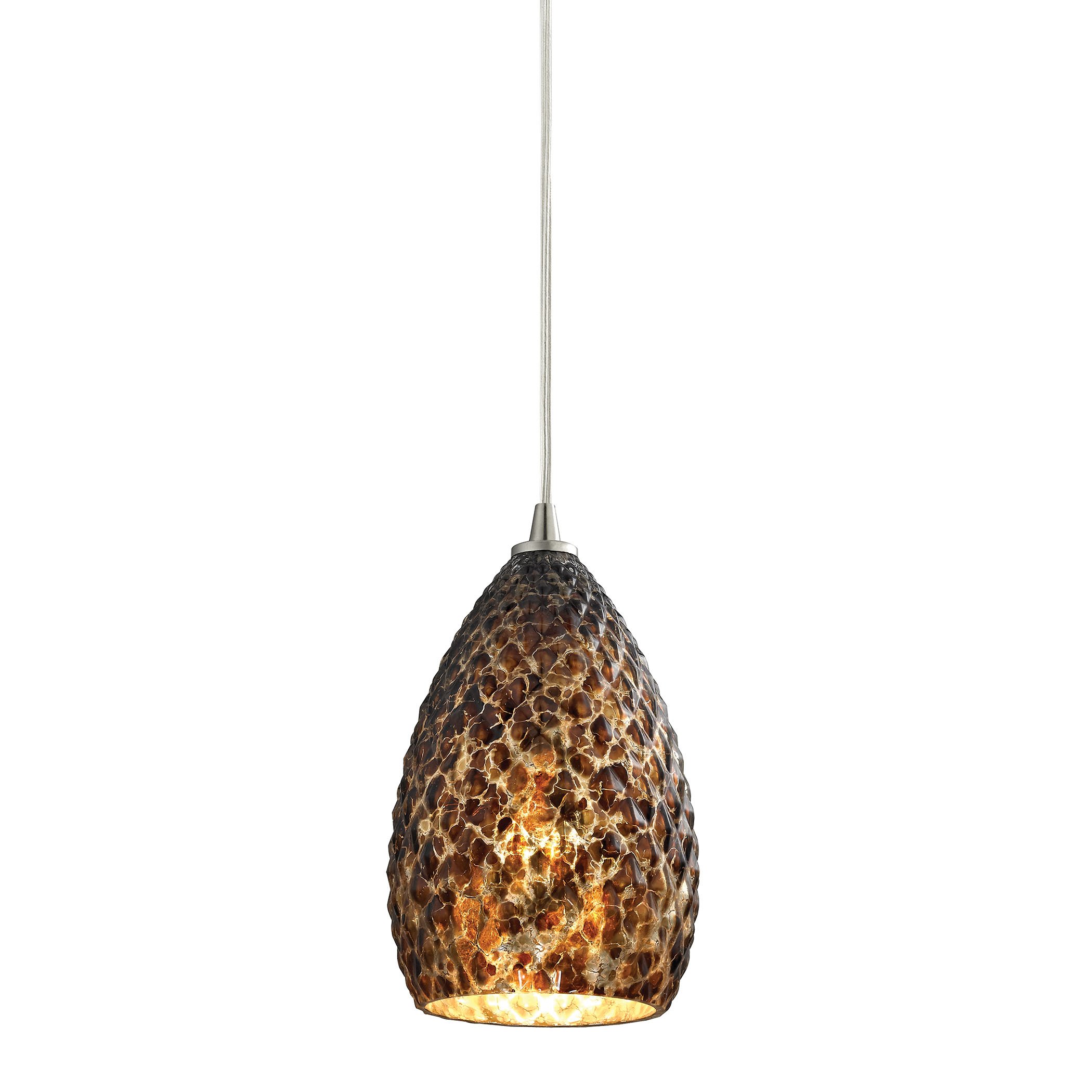 Geval 1-Light Mini Pendant Light Fixture in Satin Nickel Finish with Burnt Caramel Glass Shade - Perfect for Kitchen Island, Dining Room, or Entryway Lighting