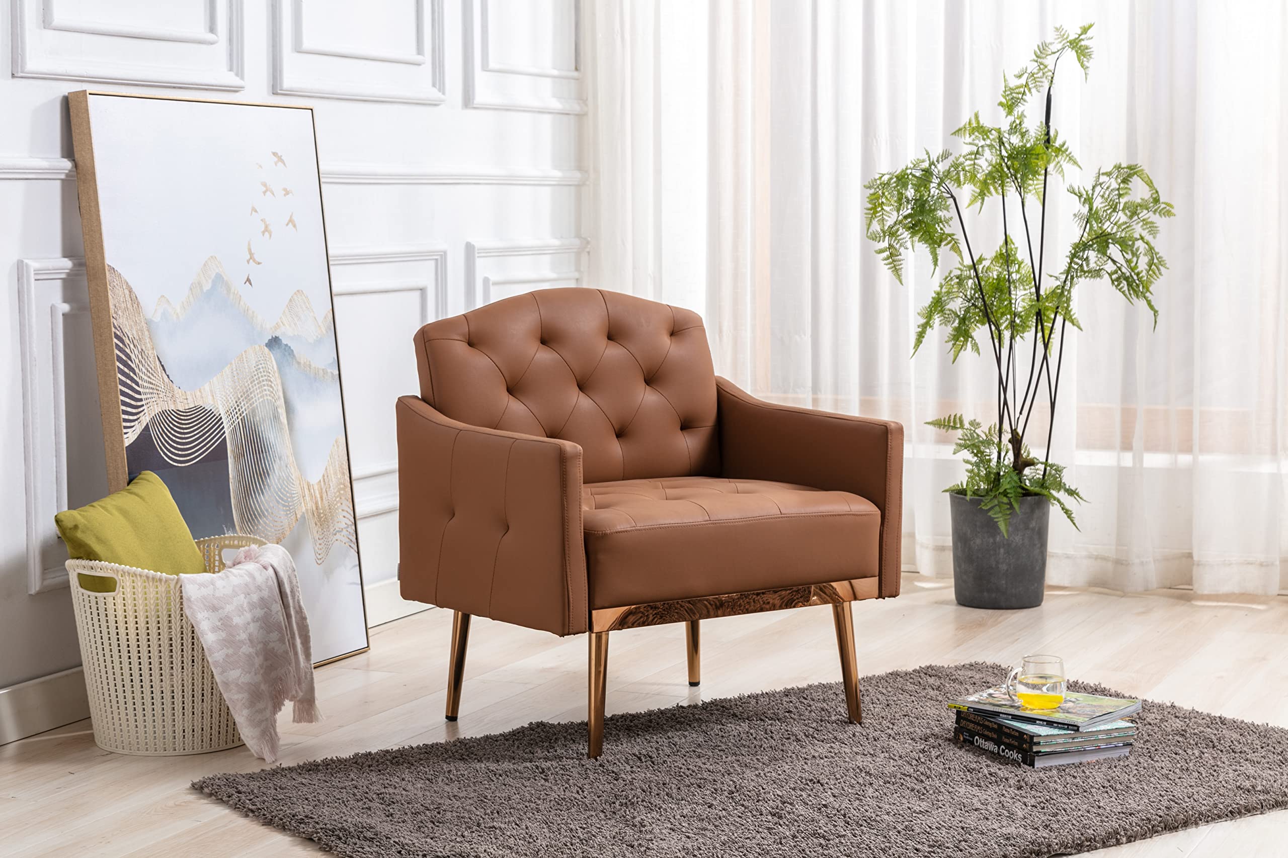 Modern PU Leather Accent Chair - Single Sofa Upholstered Armchair with Comfortable Cushion | Lounge Club Chair for Living Room, Bedroom, Office, Reading Nook & Dressing Room (Brown) - Stylish Home Decor & Relaxation Seating