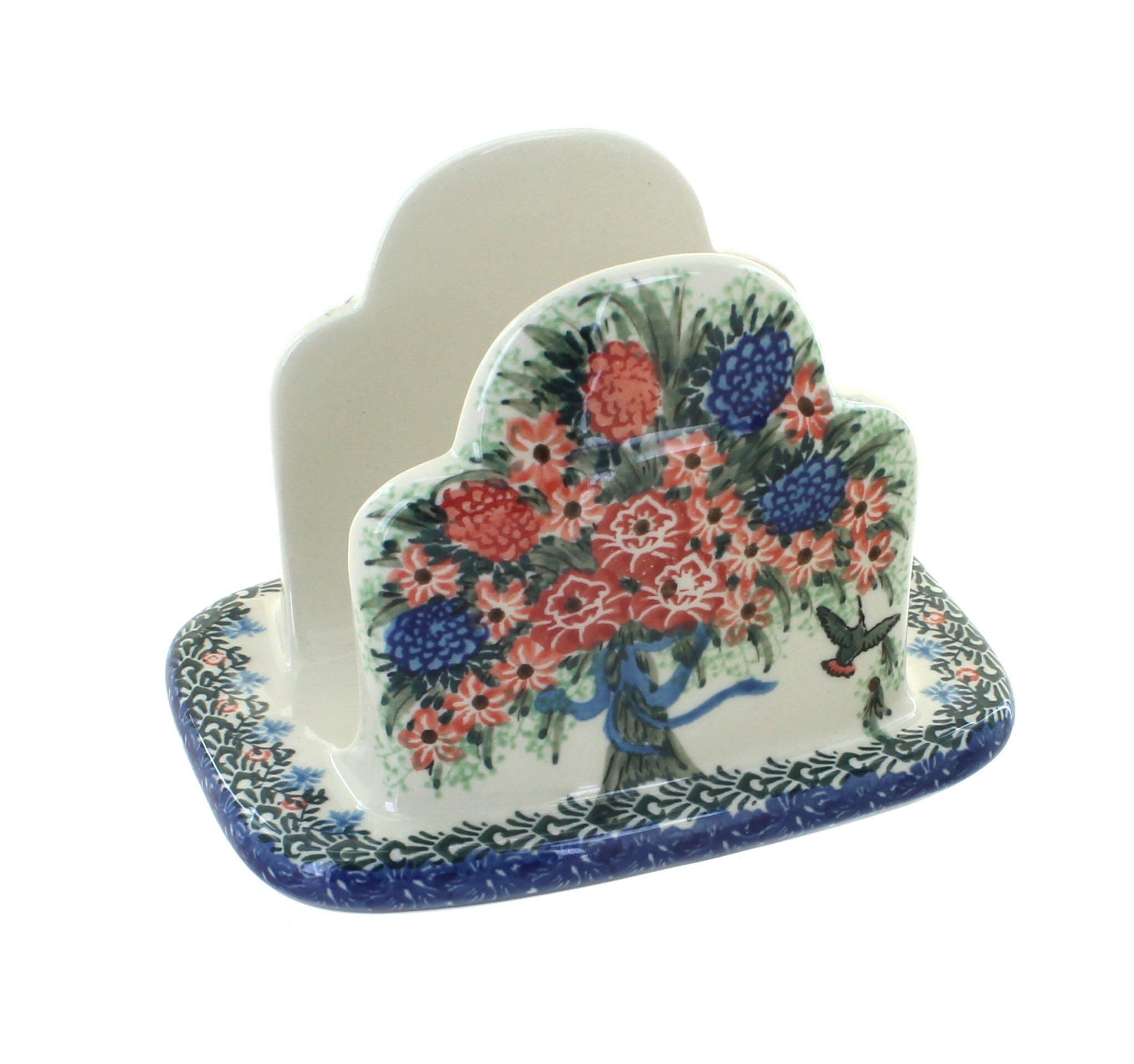 Blue Rose Polish Pottery Blush Bouquet Napkin Holder - Handmade Ceramic Tableware for Dining Decor, Wedding & Home Decor