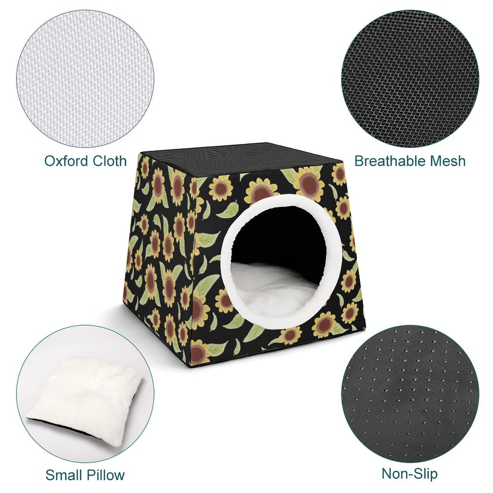 Printed Cat Houses & Condos - Foldable Cat Cube Bed with Removable Sunflower Pillow - Cozy Pet Sofa for Indoor Cats - Perfect for Napping, Playing & Relaxing in Home