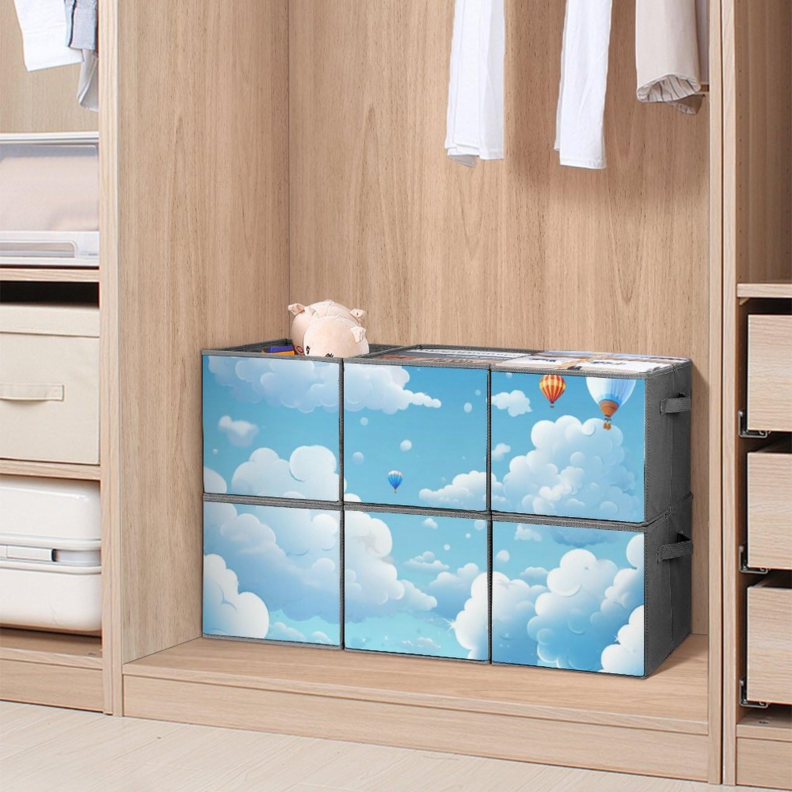 6-Pack Cartoon Clouds Collapsible Storage Bins with Handles - Large Closet Organizer, Clothing Storage Boxes for Bedroom, Nursery & Kids Room Organization