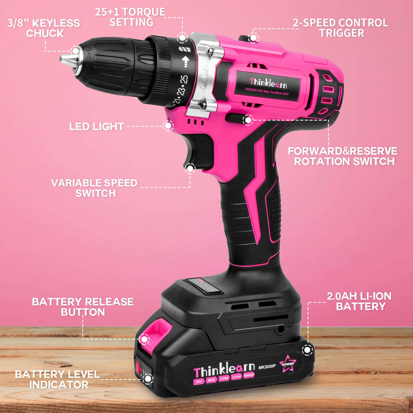 20V Pink Cordless Drill Set for Women - 67Pcs Driver Bits, 3/8
