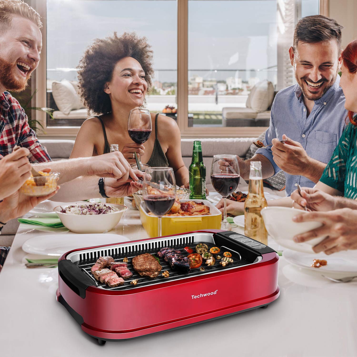 Techwood 1500W Electric Smokeless Indoor Grill - Portable Korean BBQ Grill with Non-Stick Plates, Adjustable Temperature Control, Removable Drip Tray & Tempered Glass Lid - Dishwasher Safe for Healthy Cooking at Home, Office or Camping