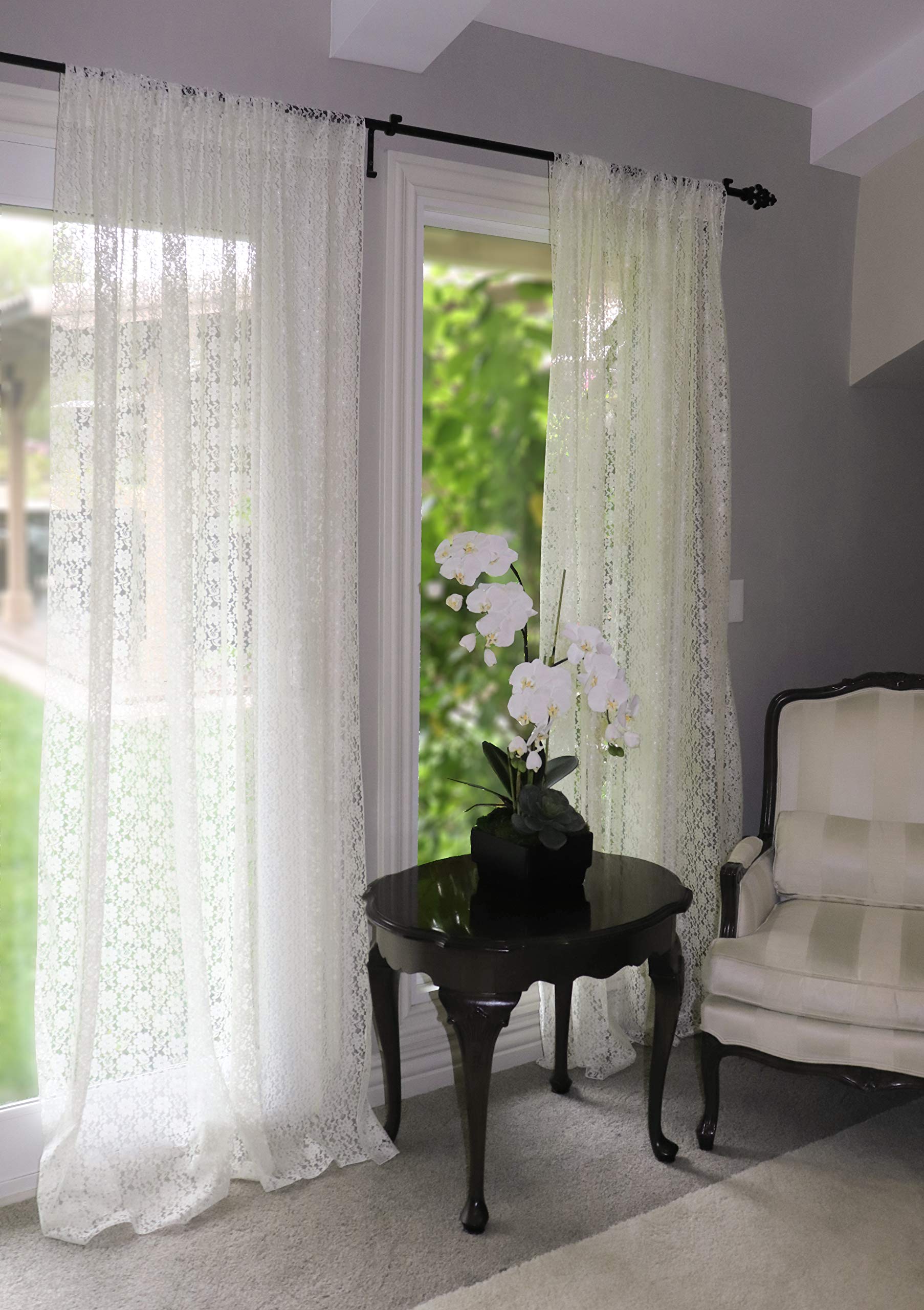Floral Lace Window Curtain Panel - Sheer Ivory Lace for Bedroom & Kitchen Decor