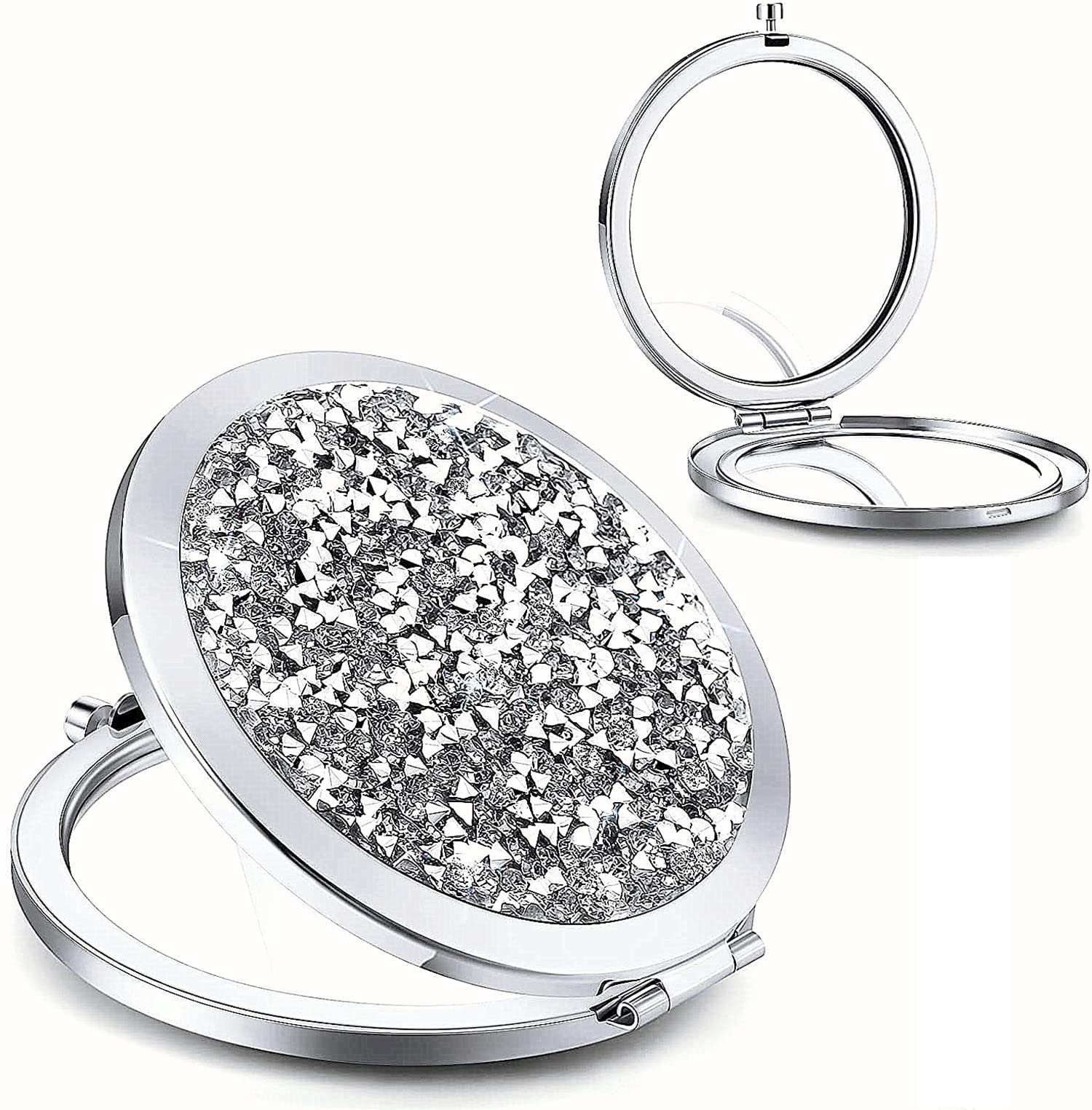 Silver Compact Mirror with 1x/2x Magnification - Double-Sided Folding Travel Makeup Mirror with Diamond Design | Perfect for Purse, Cosmetic Touch-Ups & Gift Giving