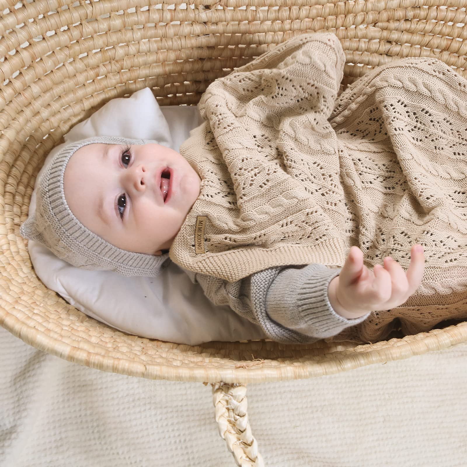 LAWKUL Soft Cotton Knitted Baby Blanket 40x30 Inches - Gender Neutral Crib Blanket for Boys & Girls, Cozy Toddler Security Blanket for Nursery, Swaddling, Stroller & Travel - Camel Color Crochet Blanket