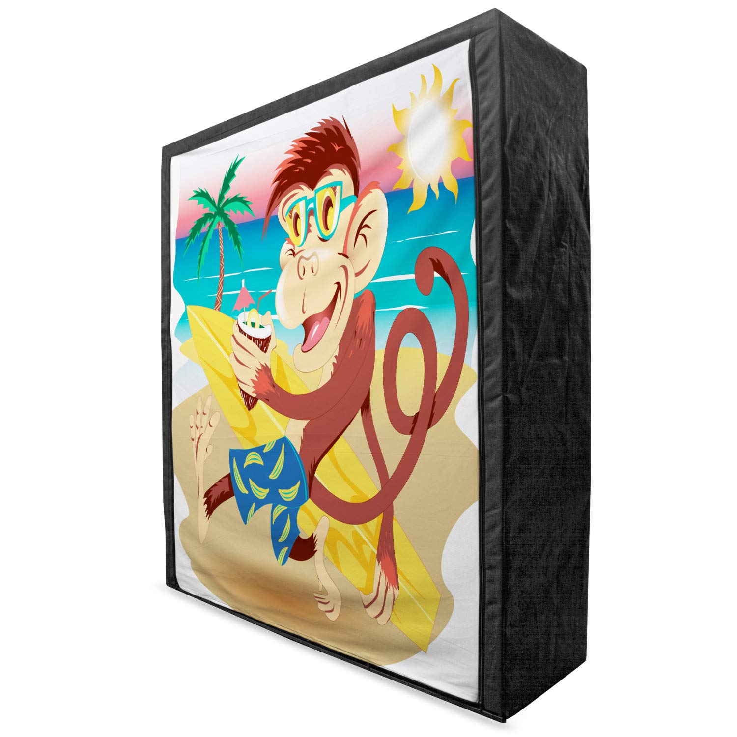 Ambesonne Tropical Animals Portable Fabric Wardrobe - Hipster Monkey with Surfboard Glasses Drinking on Beach, 59