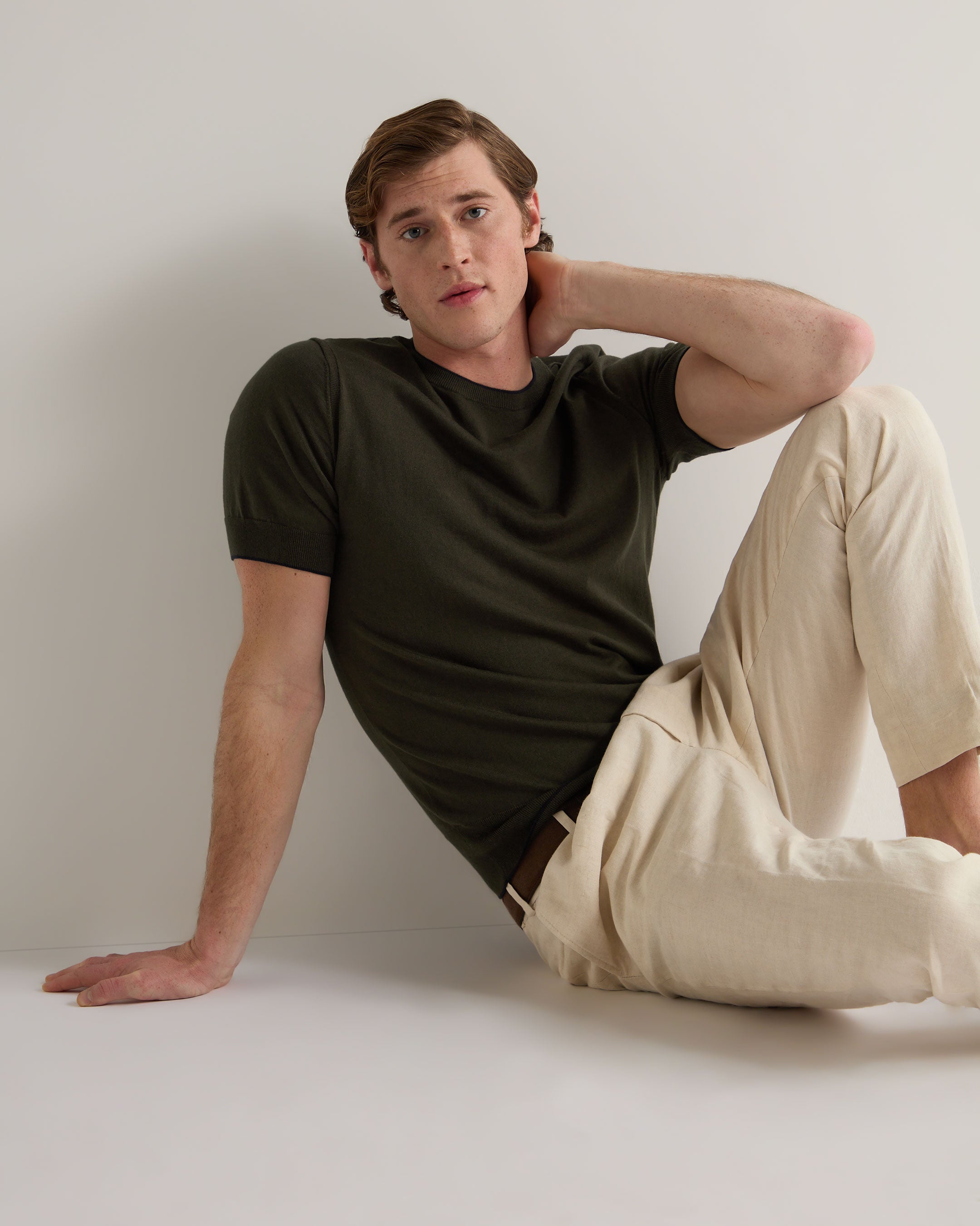 Premium Men's Newquay Cotton Cashmere Blend T-Shirt in Arabica Khaki Green | Soft & Breathable Casual Tee for Everyday Wear & Outdoor Activities