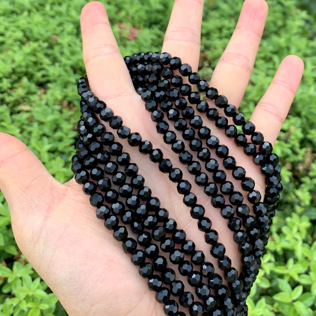 5 Strands Czech 6mm Faceted Round Crystal Glass Loose Beads Spacers Bulk Jet Black (450-475pcs) for DIY Jewelry Making, Craft Supplies, Bracelets, Necklaces, Earrings - Perfect for Wedding, Party, Gift Giving and Fashion Accessories