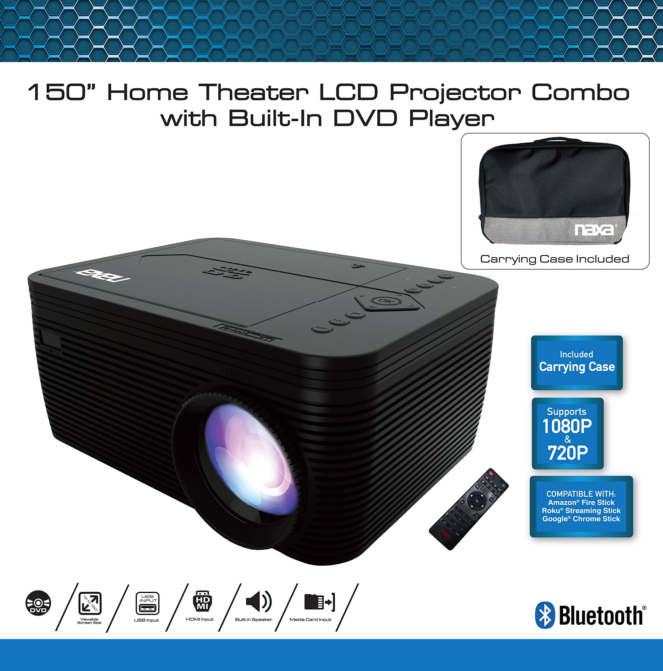 Naxa NVP-2502C 150-inch LCD Projector with Built-in DVD Player - Home Theater & Gaming Projector with Bluetooth, Dual HDMI, USB, MicroSD, VGA - Includes Remote & Carry Case - Perfect for Movies, Gaming & Presentations (Black)