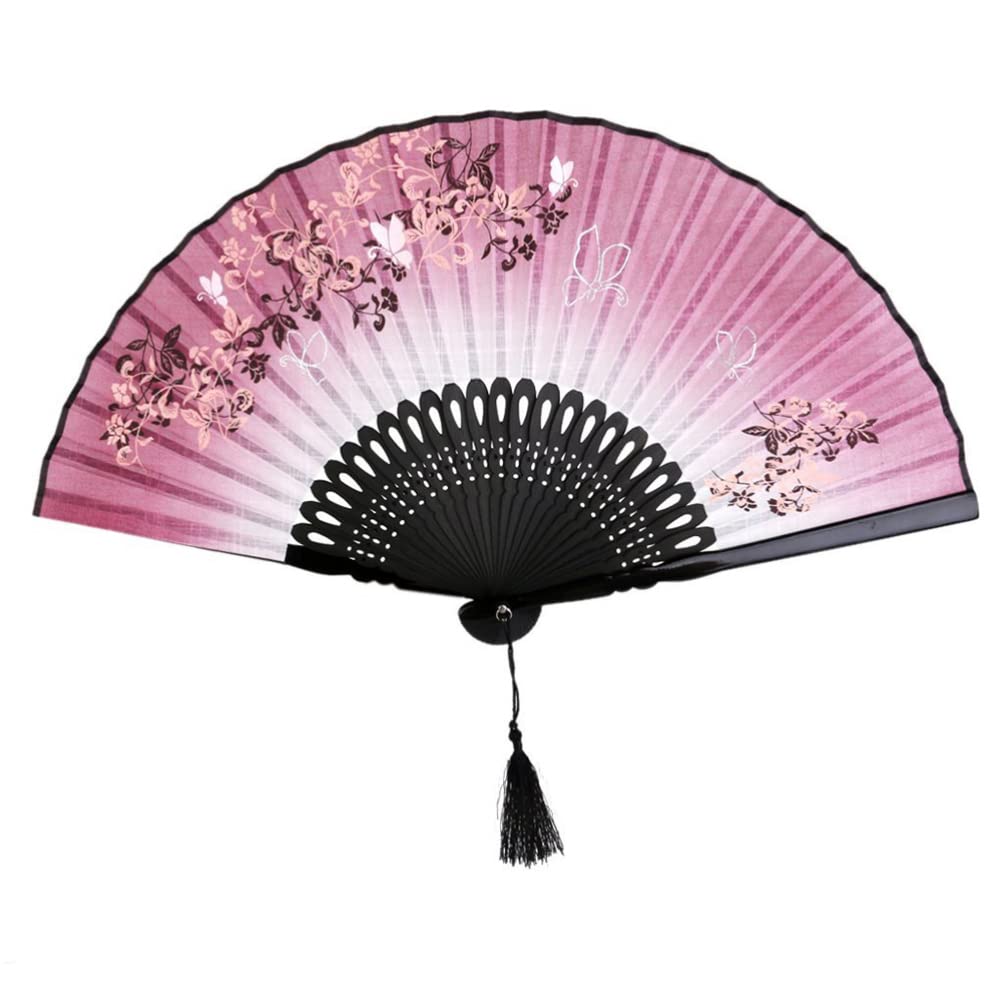 Elegant Chinese Style Linen Folding Fan - Handheld Floral Printed Fan with Tassel for Women | Perfect for Dancing, Weddings, Parties & Home Decor | Wine Red & Black Hand Fans | Traditional Asian Fan for Performance, Gift & Cultural Events