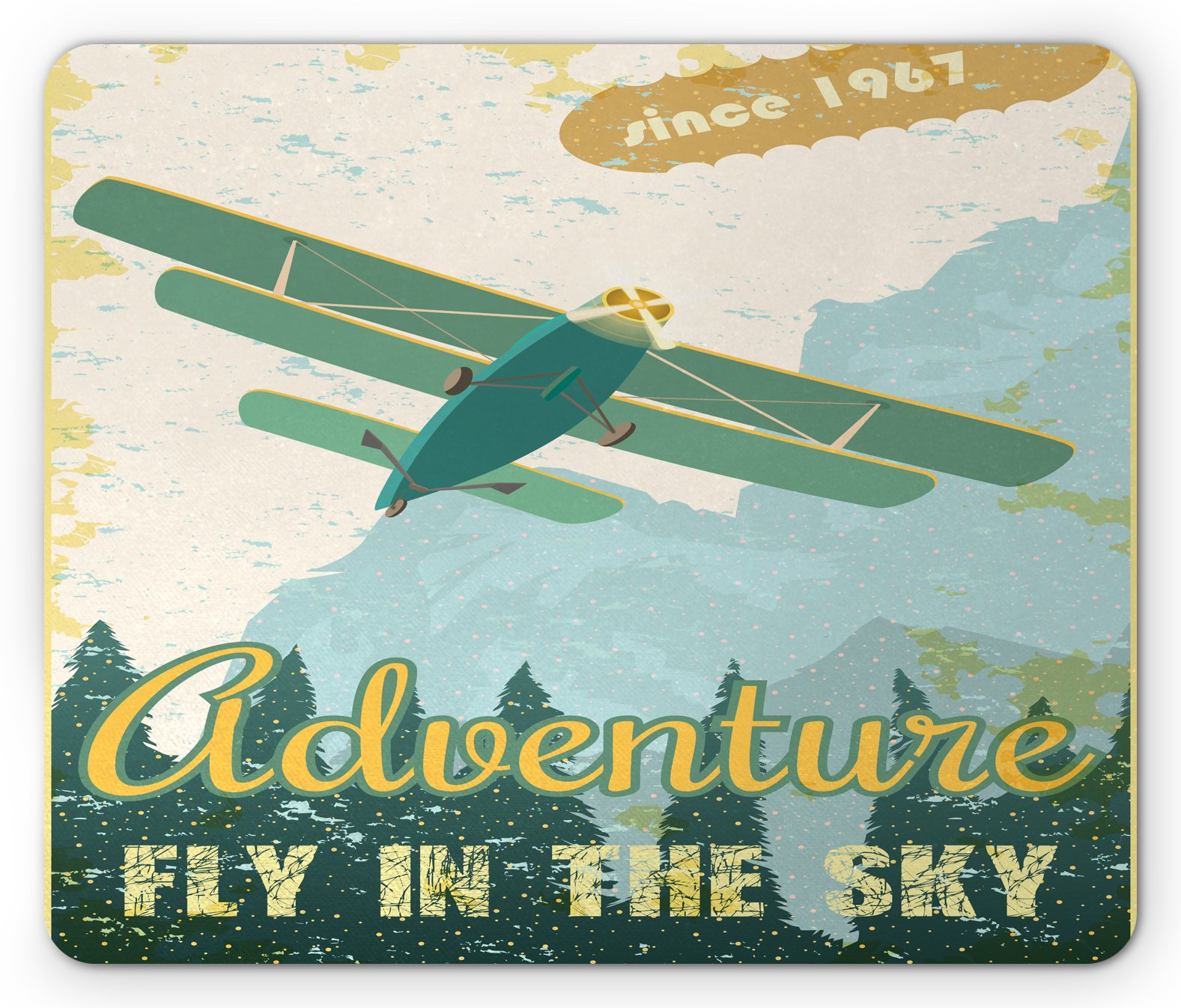 Ambesonne Vintage Mouse Pad - Retro Plane in The Sky with Trees & 1960s Propeller Engine Design, Non-Slip Rubber Base, Standard Size Rectangle Mousepad for Office & Gaming (Multicolor)