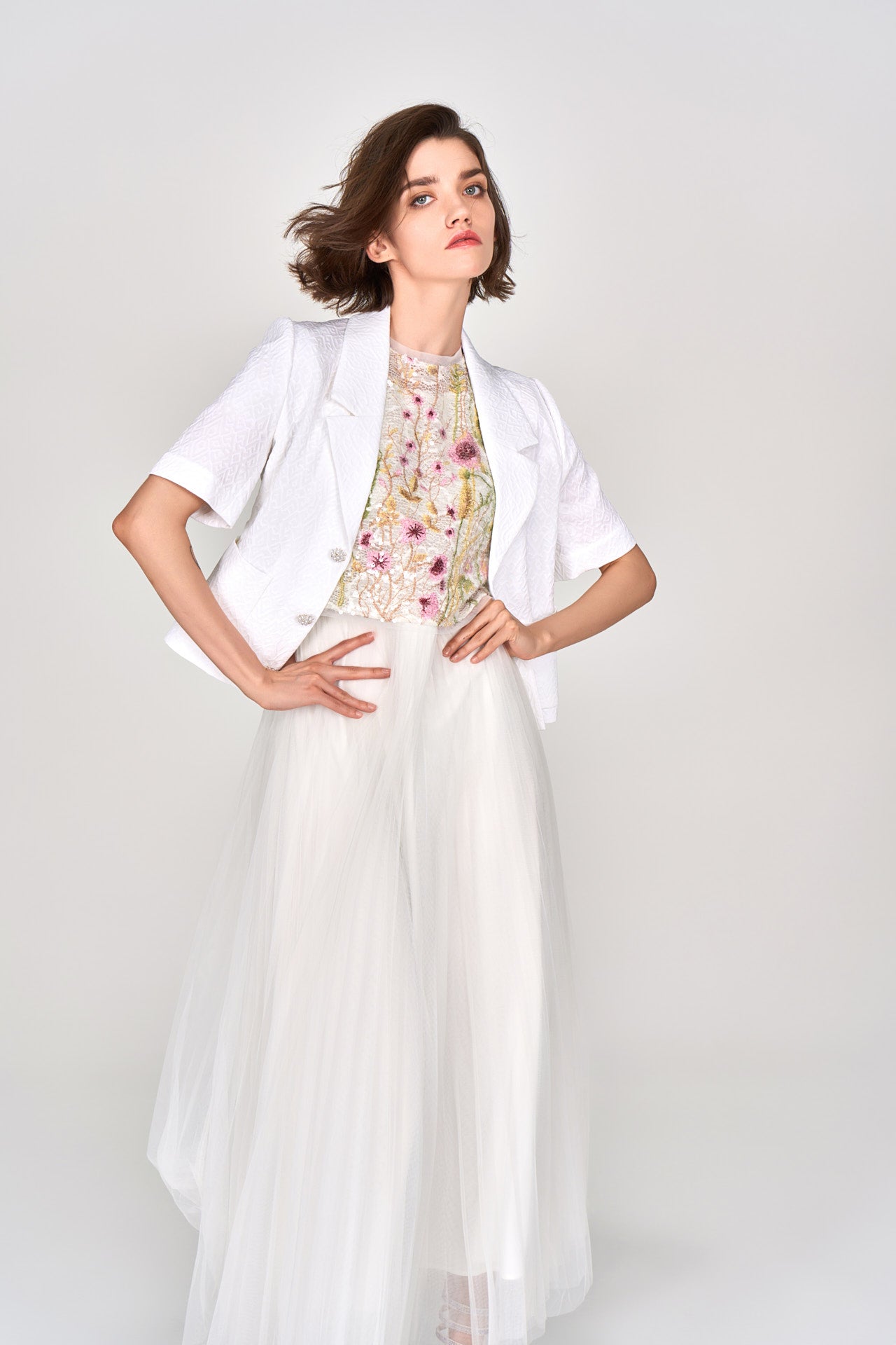Elegant White Jacquard Cropped Jacket with Lapel Detail - Perfect for Office Wear, Cocktail Parties & Spring Fashion