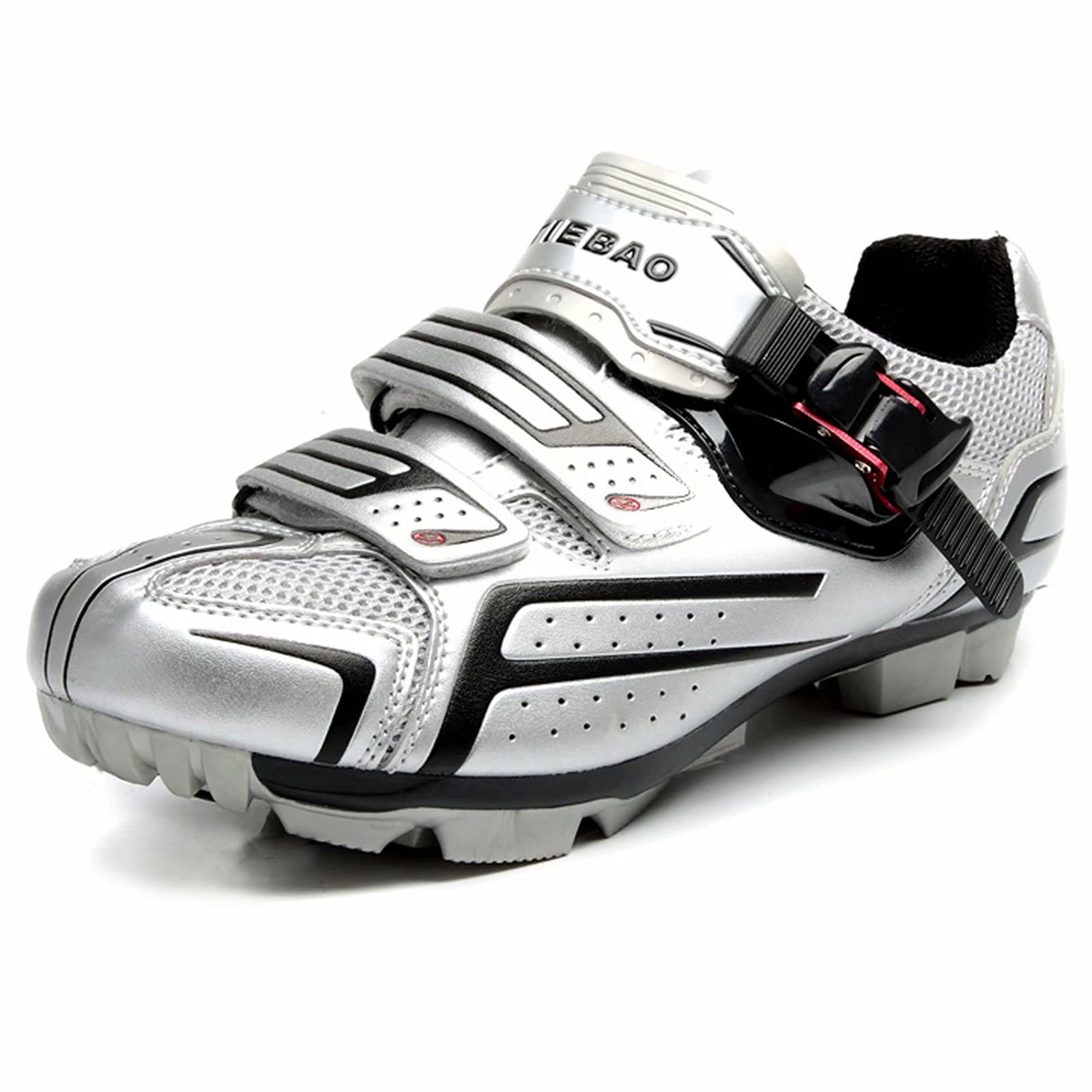 Professional MTB Cycling Shoes for Men - SPD Cleat Compatible Self-Locking Mountain Bike Shoes for Racing & Trail Riding | Durable Silver Bike Pedal Shoes for Enhanced Performance & Comfort