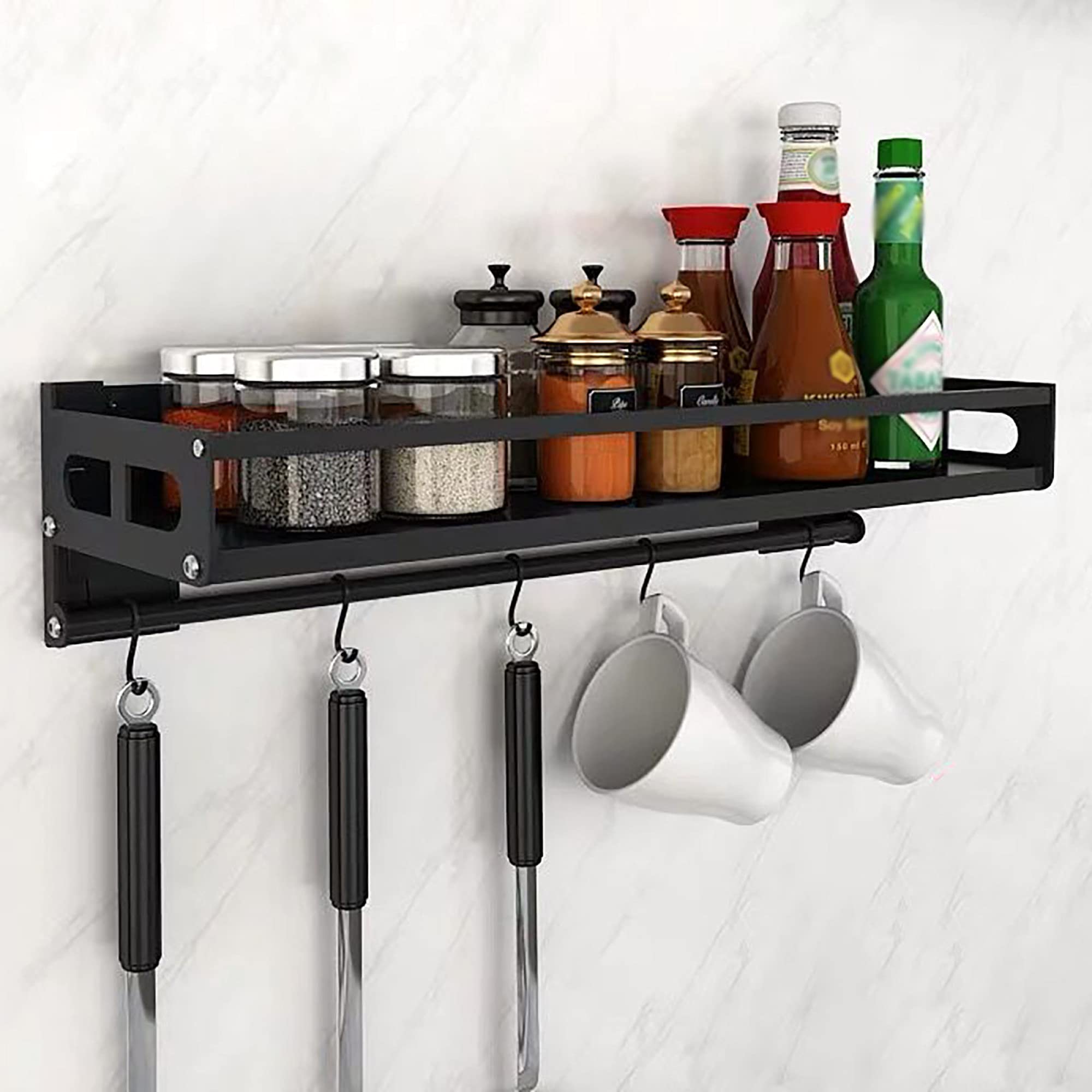 Premium 304 Stainless Steel Wall-Mounted Spice Rack Organizer - Space-Saving Hanging Spice Bottle Holder for Kitchen, Pantry & Bathroom (Black, 120cm) - Perfect for Small Spaces & Clutter-Free Organization