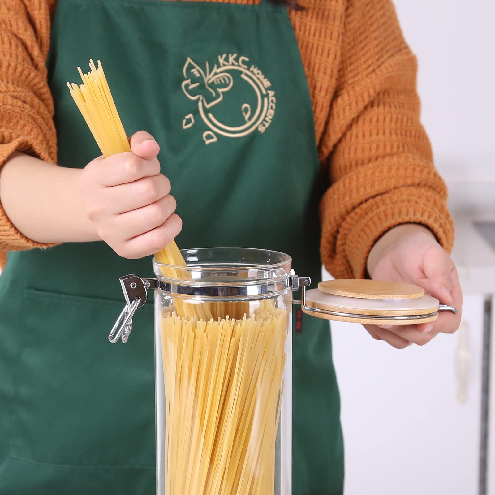 KKC HOME ACCENTS 68oz Glass Pasta Storage Container with Measuring Tool & Bamboo Lid - Airtight Spaghetti & Noodle Organizer for Kitchen Pantry - Perfect for Meal Prep, Bulk Food Storage, and Countertop Display