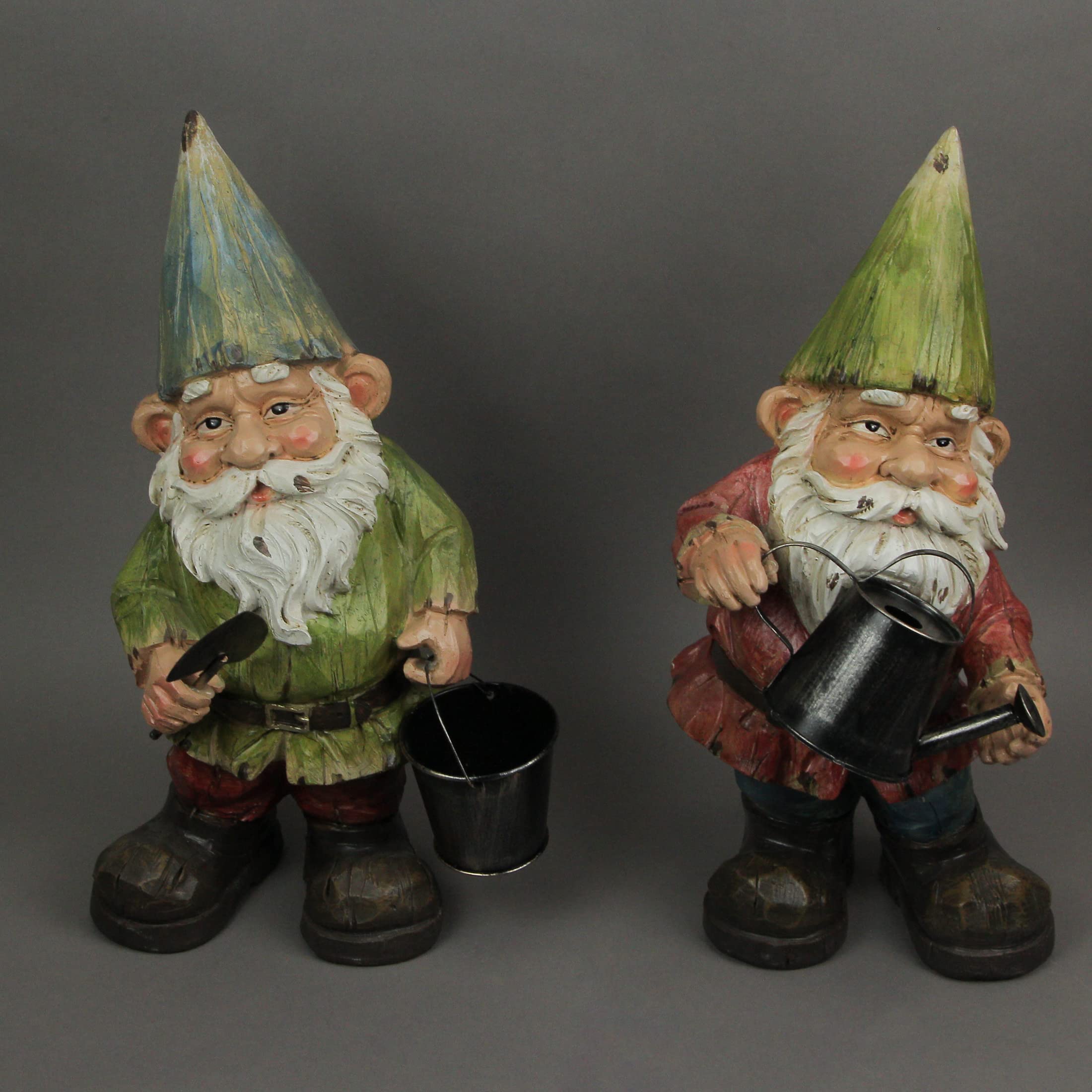 Set of 2 Wood-Look Garden Gnome Resin Statues - 15 Inch Outdoor Lawn Decor, Yard Art for Garden, Patio & Landscape Decoration