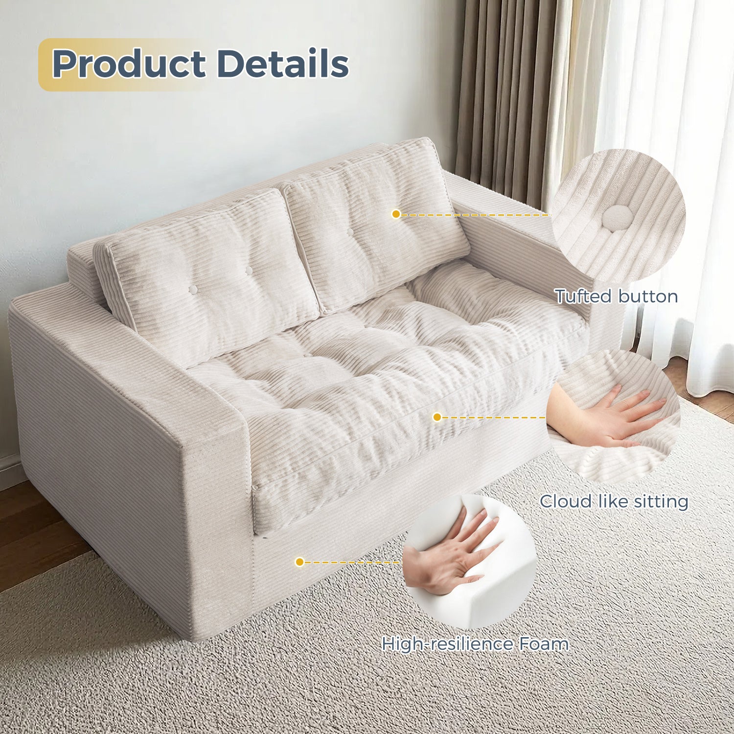 MAXYOYO Bean Bag Sofa Chair - Upholstered Floor Sofa with Armrests for Adults, Beige | Comfortable Lounge Seating for Living Room, Bedroom & Game Room