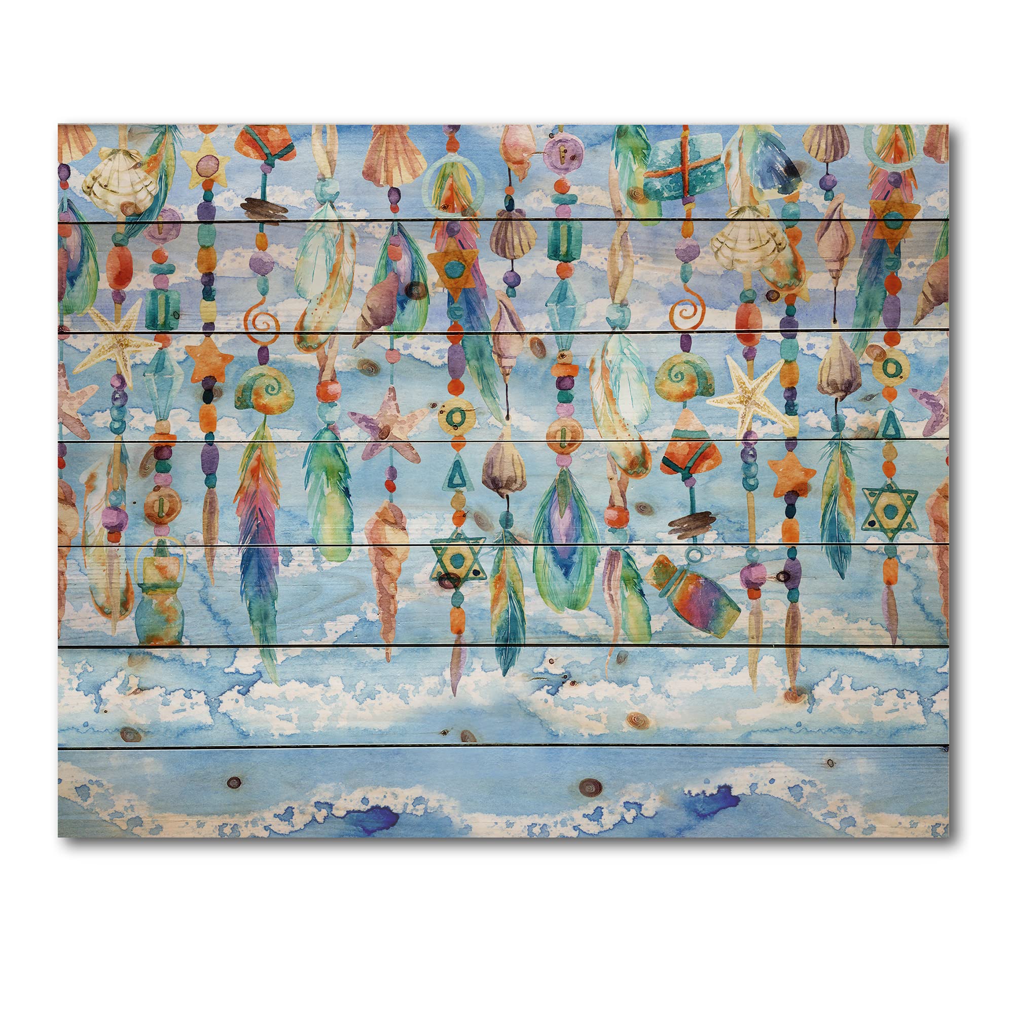 Handmade Sea Shell & Bead Wood Wall Art - Blue Coastal Decor, Large Beach-Themed Pine Wood Panel - Perfect for Living Room, Bedroom & Beach House Decor