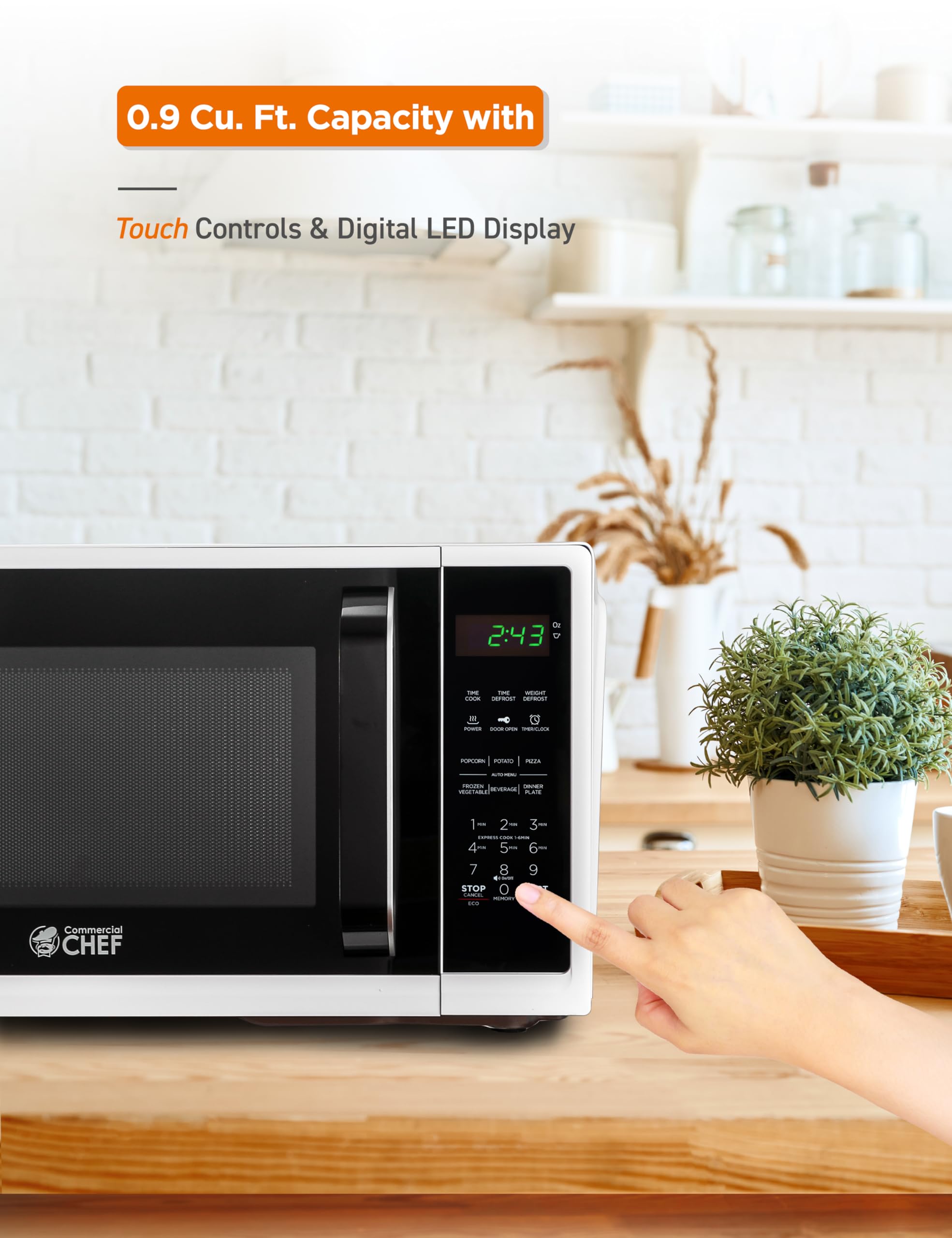 Commercial Chef 0.9 Cu Ft Compact Microwave Oven - 900W Countertop Microwave with 10 Power Levels, Digital Display, Safety Lock & Kitchen Timer - Perfect for Dorms, Offices & Small Kitchens - White