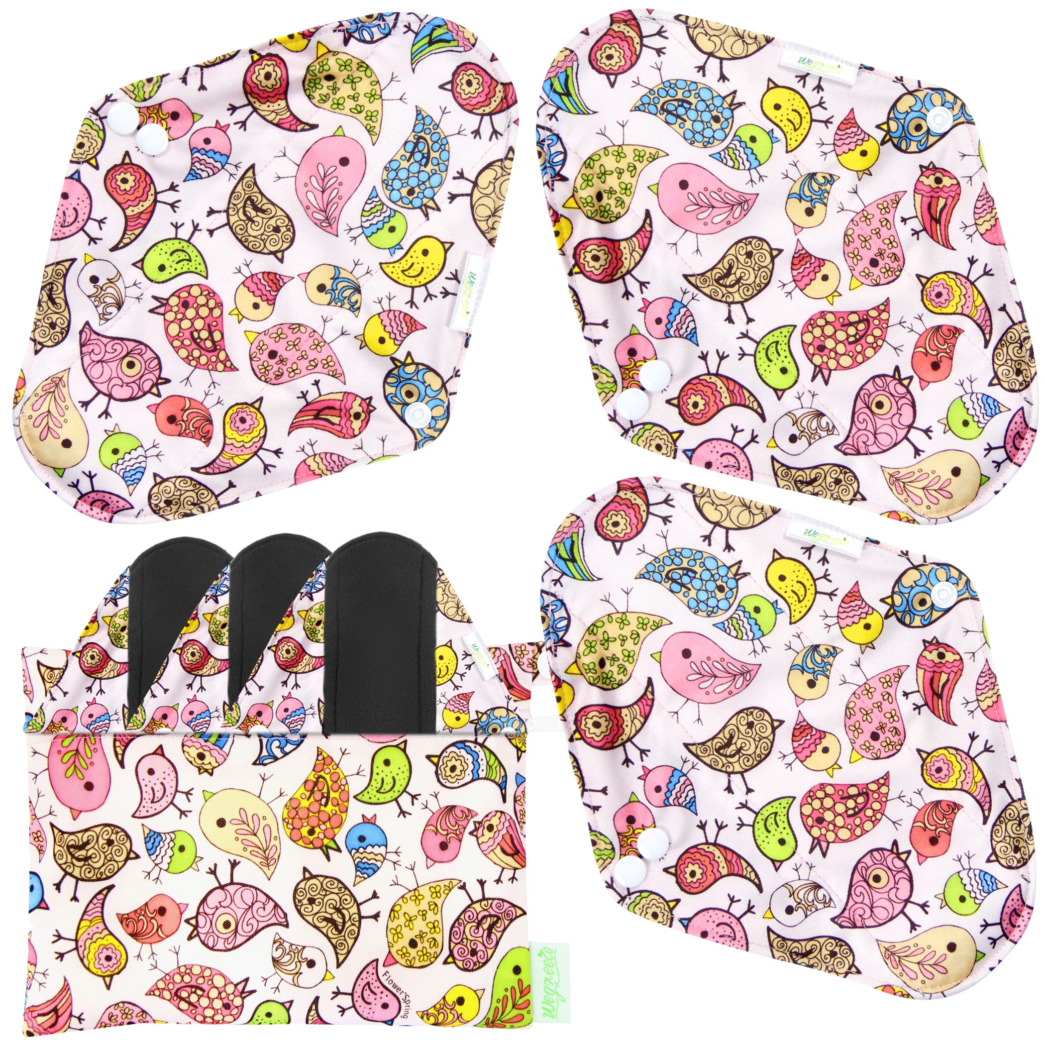 Wegreeco Organic Bamboo Reusable Sanitary Pads for Women - Eco-Friendly Cloth Menstrual Pads & Light Incontinence Pads (Medium, Lovely Bird Design) with Mini Wet Bag - Sustainable Alternative to Disposable Pads - Soft, Breathable & Odor-Free Period Protection - Perfect for Travel, Gym, Work, Yoga & Daily Use - Ideal for Eco-Conscious Women Seeking Comfort & Sustainability