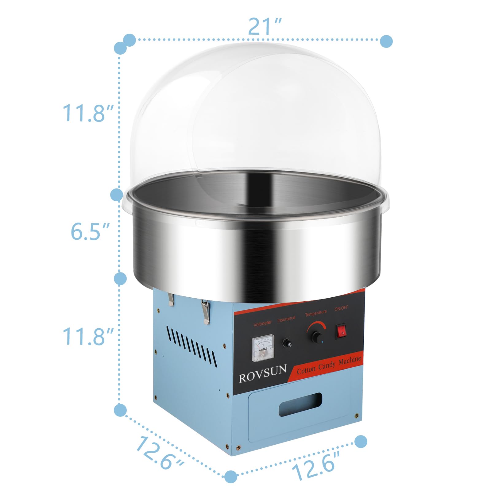 ROVSUN 21 Inch Commercial Cotton Candy Machine - Electric Candy Floss Maker with Stainless Steel Bowl, Cover, Sugar Scoop & Storage Drawer - Perfect for Parties, Carnivals, Fairs & Home Use (Blue)