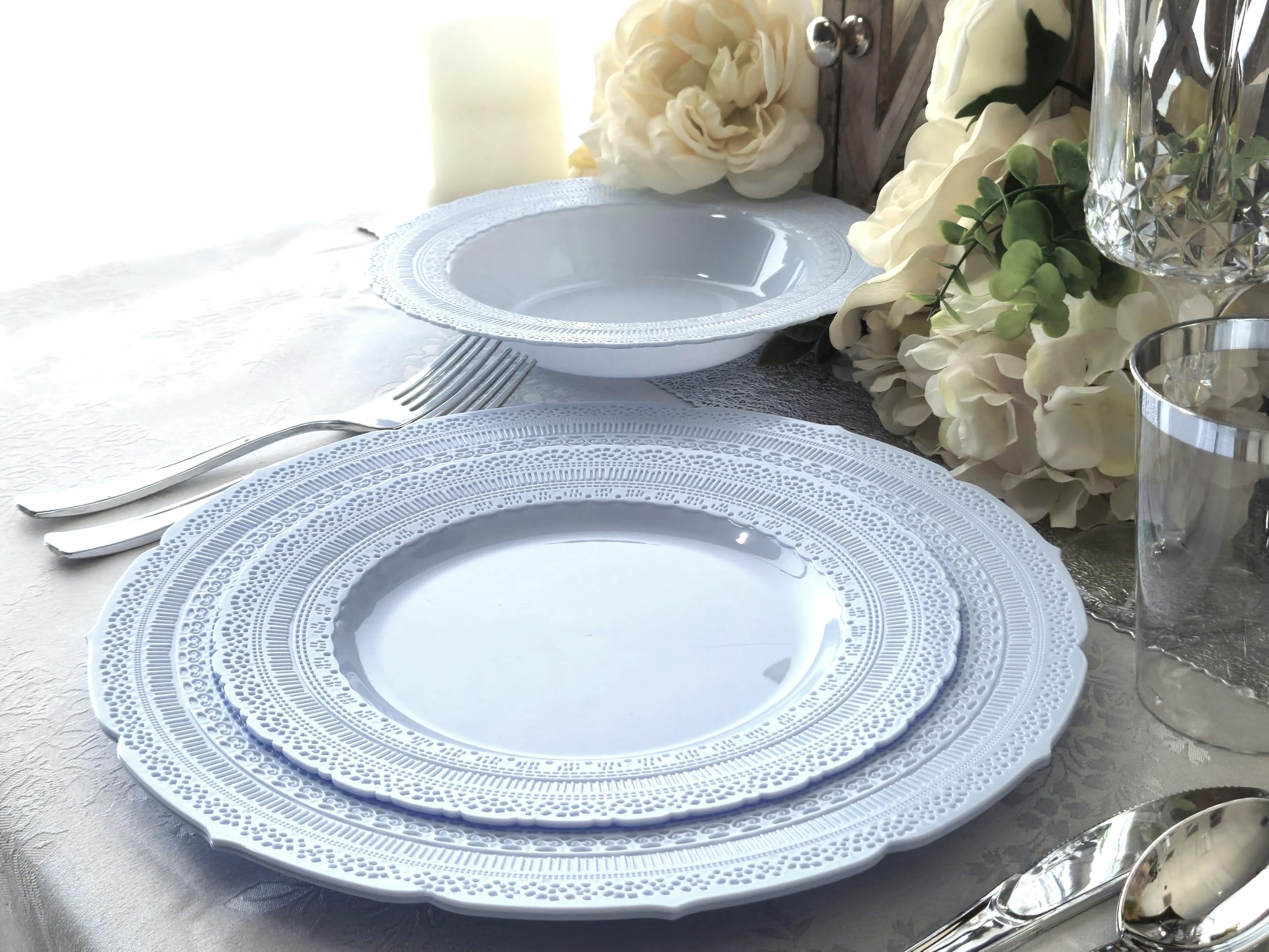 240-Pack Heavyweight Disposable Plastic Plates - 8.25'' Vintage Wedding Party Appetizer & Dessert Plates (Chateau Blue) | Elegant Dinnerware for Weddings, Baby Showers & Special Events