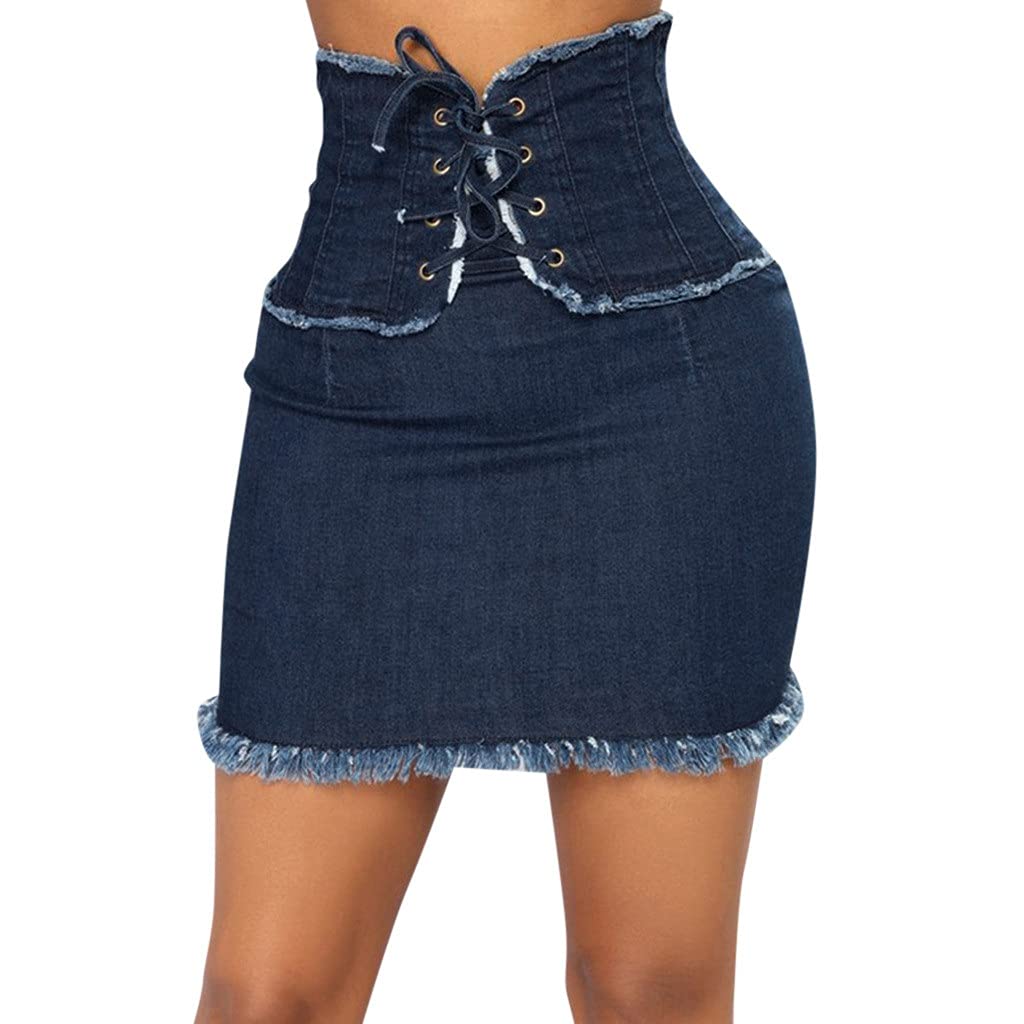 Women's High Waist Denim Skort Shorts - Summer Casual Bodycon Skirt with Lace Up Detail (Blue, Size S) | Perfect for Beach Outings, Date Nights & Casual Wear