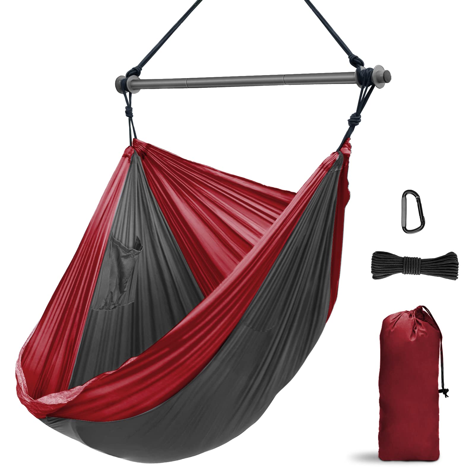 Portable Hammock Chair Swing - Lightweight Nylon Parachute Hanging Chair with Detachable Metal Bar - Supports 500 lbs - Perfect for Outdoor, Indoor, Camping, Beach & Backpacking - Relax in Your Garden, Patio or Balcony